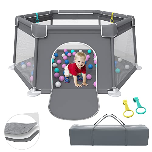 **Portable Baby Playpen with Anti-Slip Base & Breathable Mesh - Safe Play Yard for Infants & Toddlers | Indoor & Outdoor Activity Center, Washable Grey Playpen for Home, Travel & Daycare**