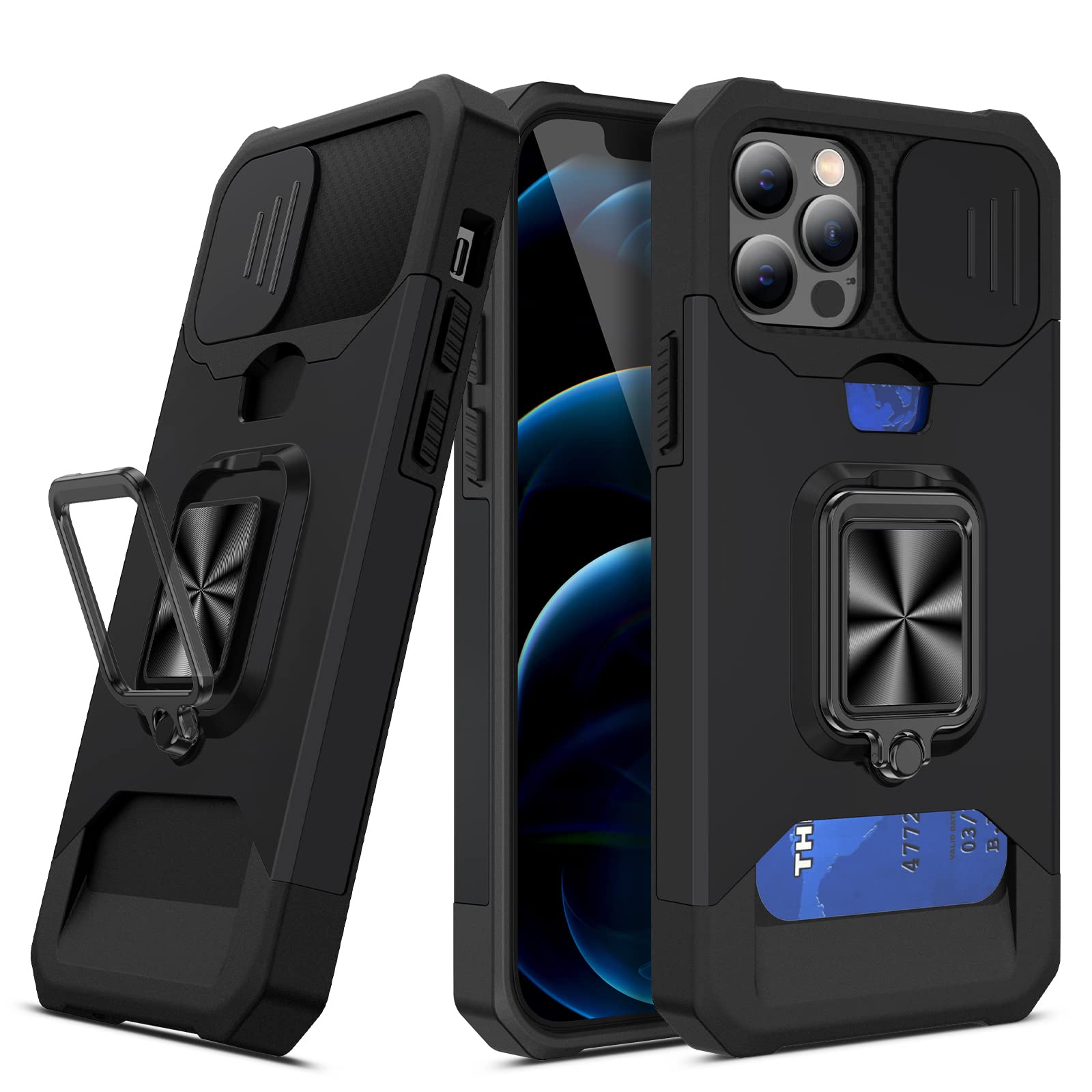 Premium Military-Grade iPhone 12 Pro Max Wallet Case with Slide Camera Cover, Kickstand & Card Holder - Magnetic Ring Stand for 6.7