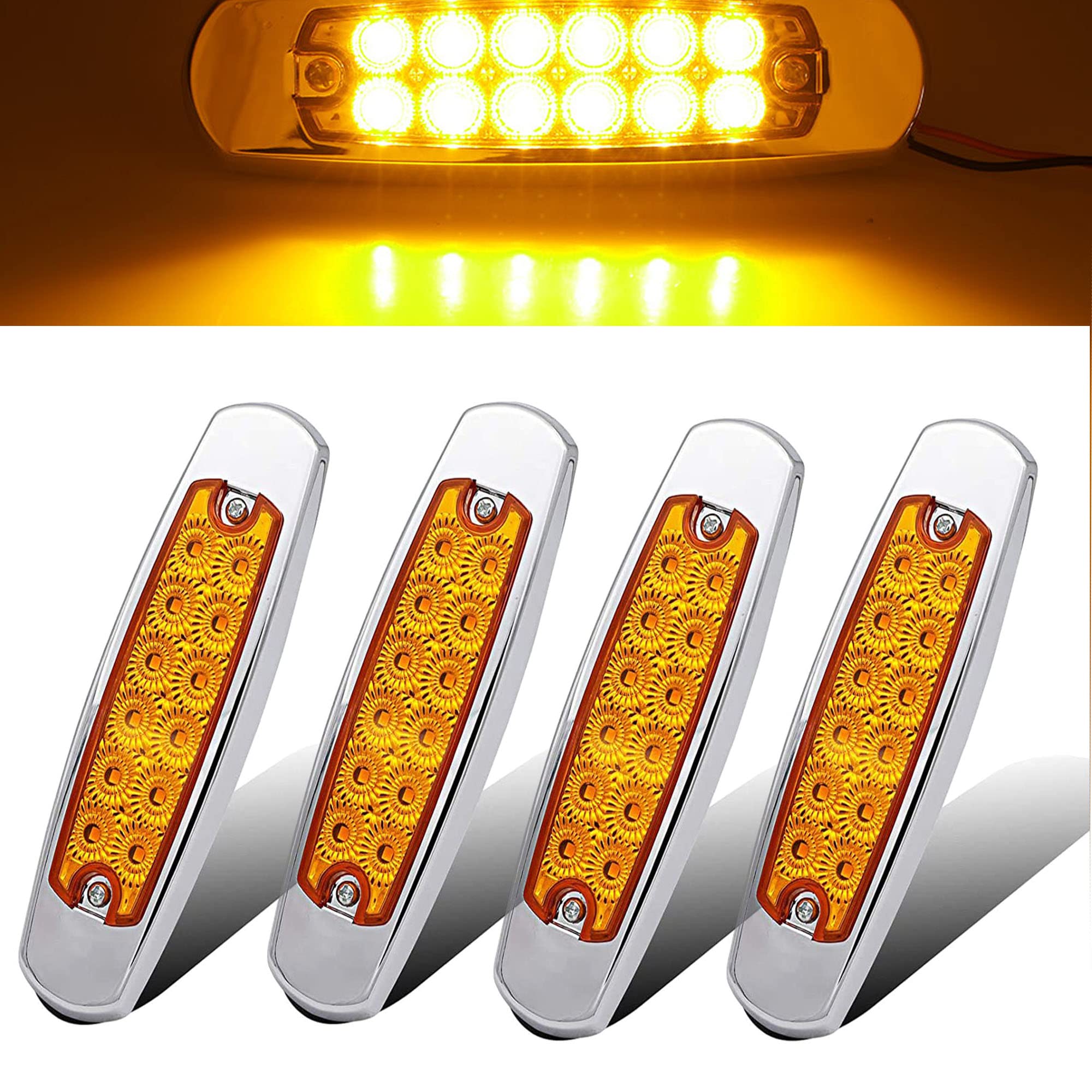 4Pcs 6.4in Amber LED Side Marker Lights - Waterproof 12V Chrome Bezel Trailer Lights with Turn Signal - Clearance & Tail Lights for Trucks, ATVs, SUVs, RVs, Campers & UTVs - Perfect for Off-Roading & Night Driving Safety