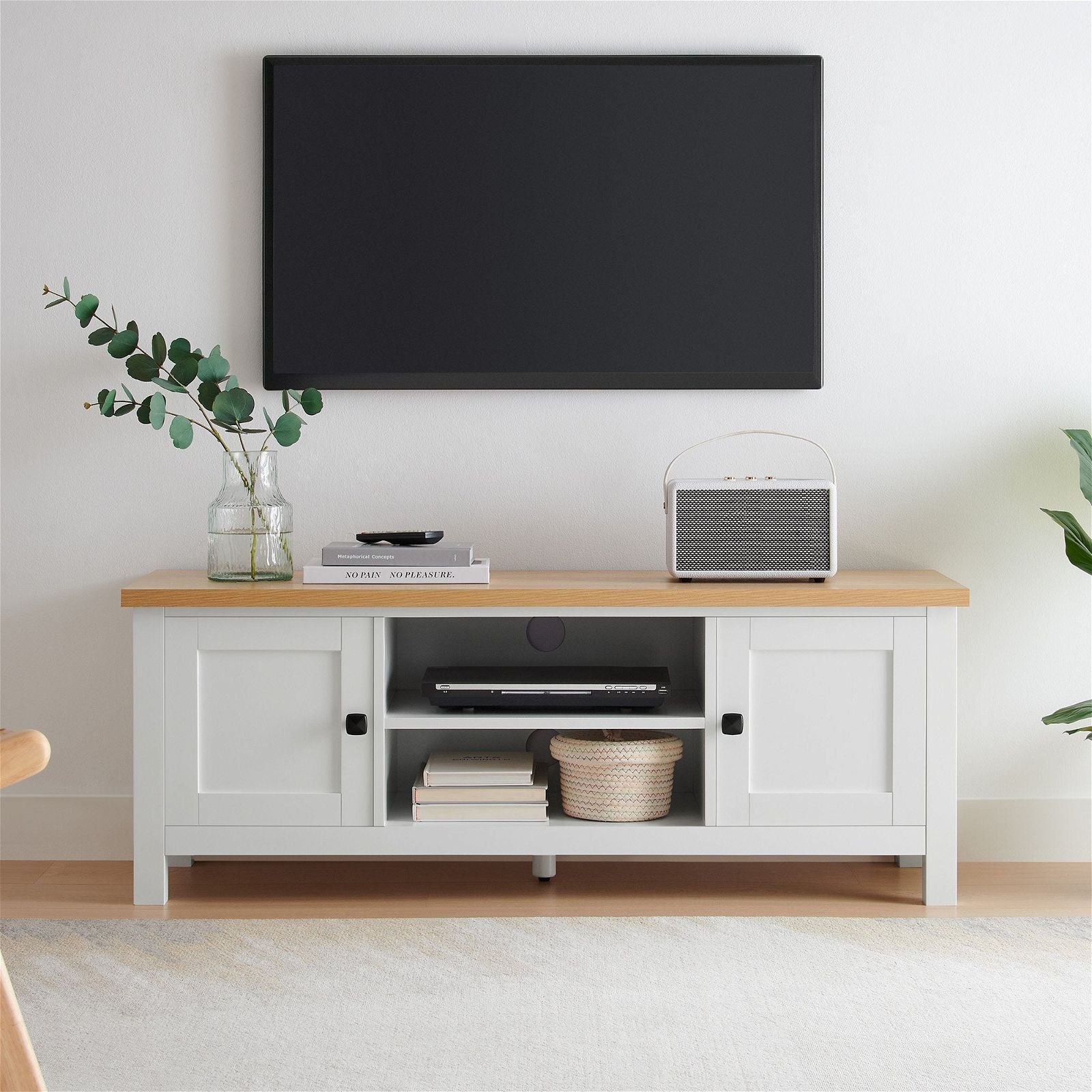 Sarantino Gio TV Stand - White & Natural Wood Entertainment Center with Storage | Perfect for Living Room, Bedroom & Home Theater Setup