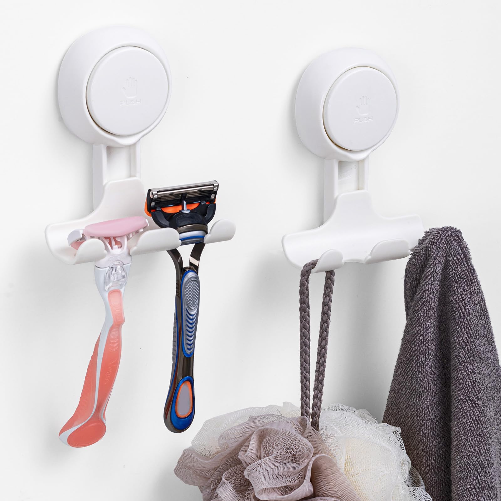 LEVERLOC 2 Pack Razor Holder for Shower - Strong Suction Cup Hooks for Towel, Loofah, Razor & Squeegee - Damage-Free Bathroom Wall Hooks & Shaver Organizer - Easy Install & Reusable White - Perfect for Shower, Bathroom & Kitchen Organization