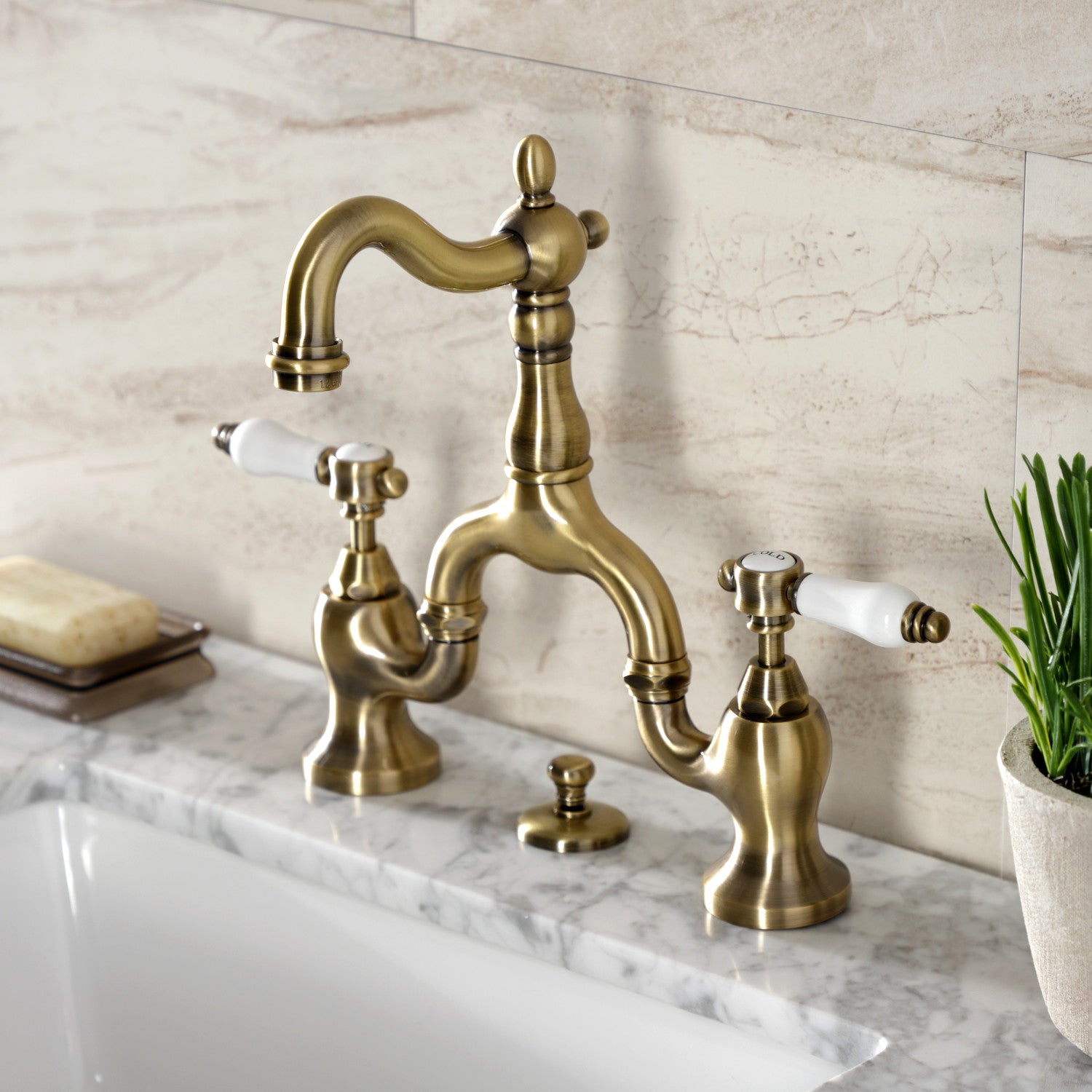 Bel Air KS7973BPL Antique Brass 3-Hole Deck Mount Bathroom Faucet with Two Handles & Brass Pop-Up Drain - Perfect for Vintage Style Bathrooms and Powder Rooms