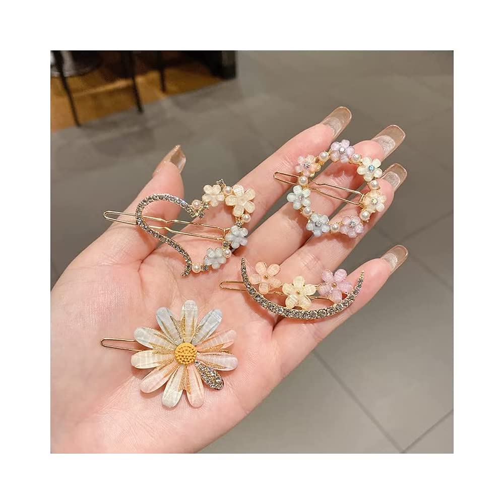 BLING Korean Hair Clips for Women & Girls - Rhinestone Hairpins with Pearl, Resin & Acrylic Flower Designs - Fashion Hair Accessories for Parties, Weddings & Daily Wear