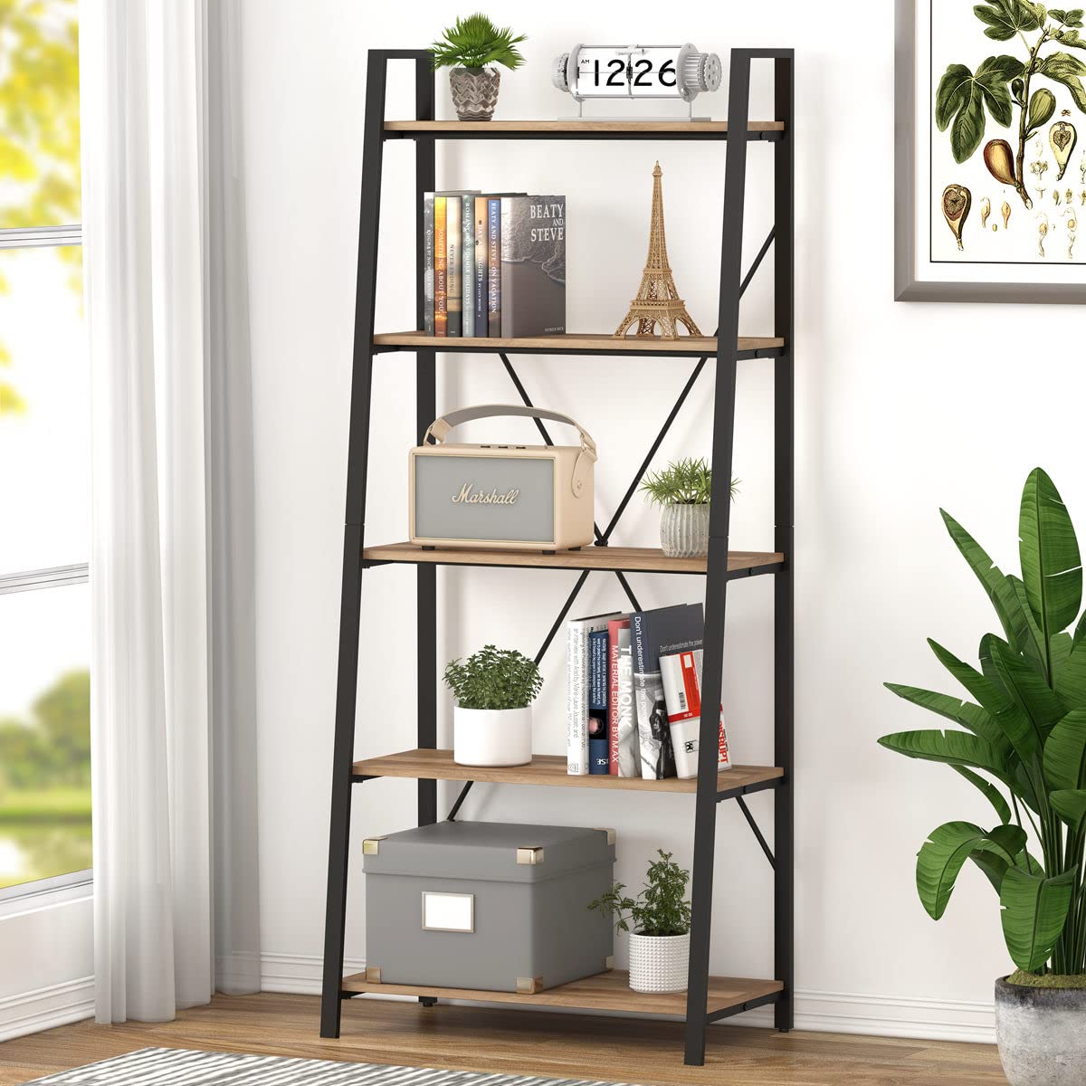 BON AUGURE 5-Tier Industrial Ladder Bookshelf - Vintage Oak Wood & Metal Leaning Bookcase - Farmhouse Style Storage Shelf for Living Room, Bedroom, Office - Perfect for Books, Plants & Home Decor Display