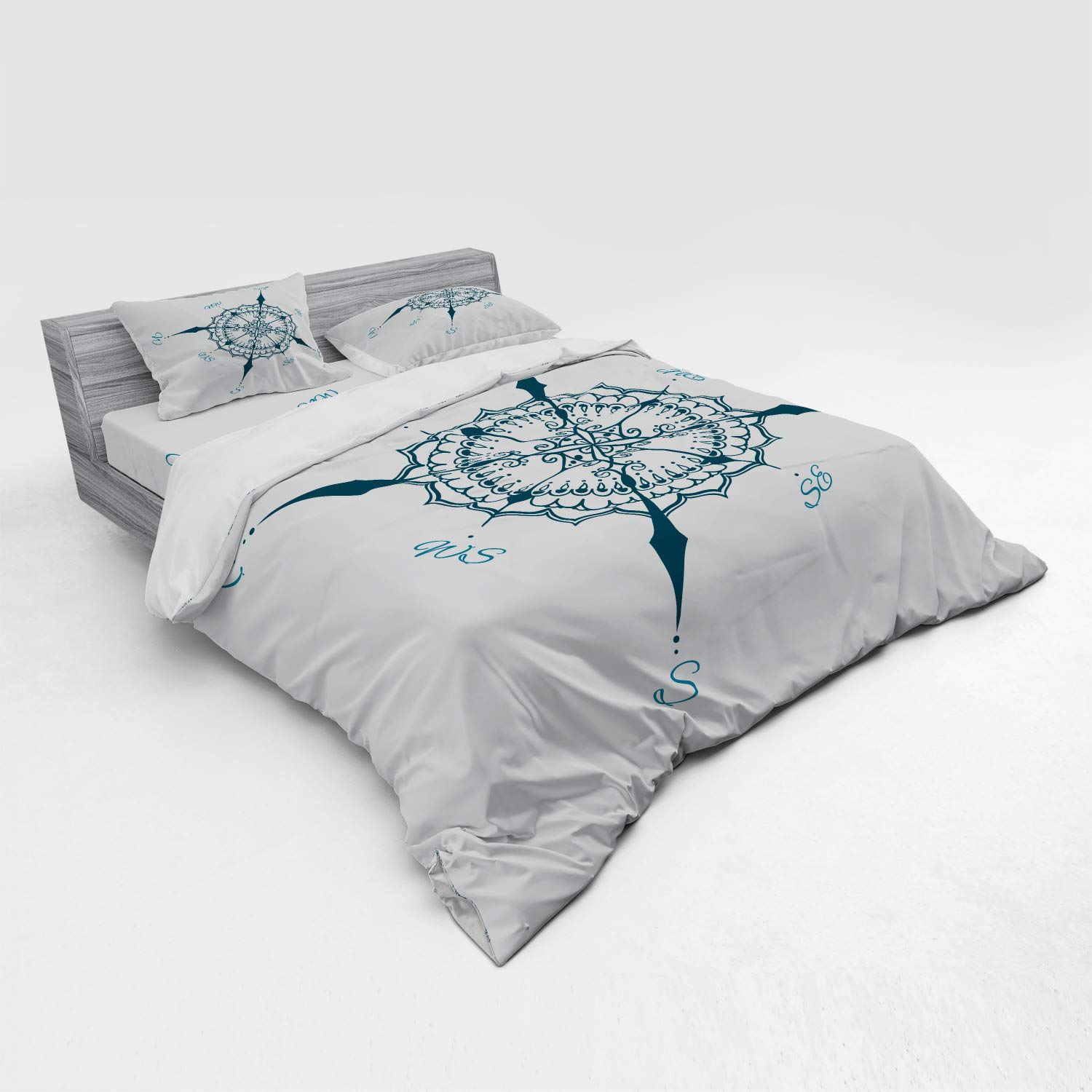 Ambesonne Compass Duvet Cover Set - King Size 4-Piece Bedding with Shams & Fitted Sheet | Hand-Drawn Windrose Floral Design in Cream & Dark Green | Nautical Theme Bedroom Decor for Coastal & Adventure Style Homes