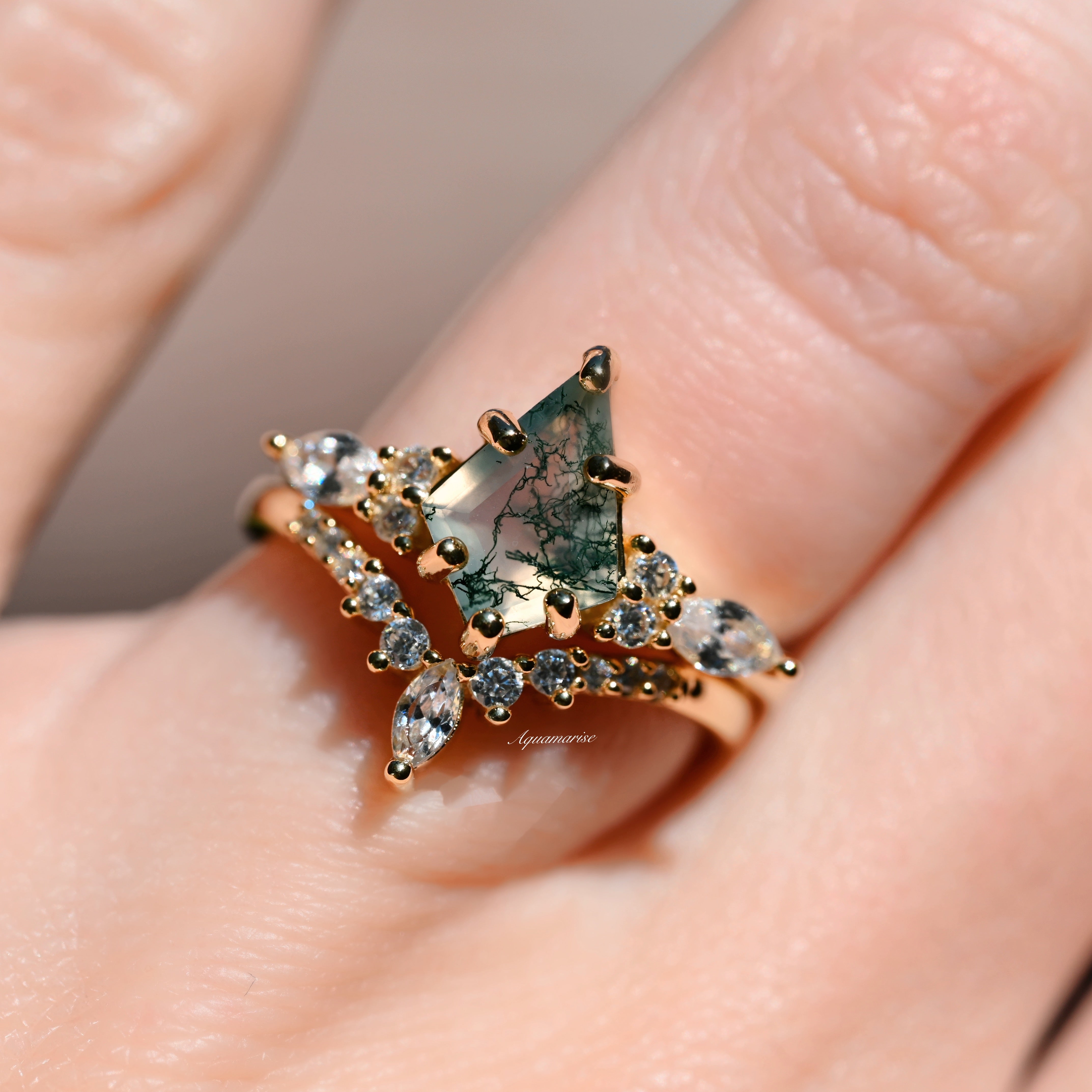 Skye Kite™ Green Moss Agate Ring Set - 14K Solid Yellow Gold Women's Jewelry | Nature-Inspired Gemstone Rings for Everyday Wear, Gift Giving & Special Occasions