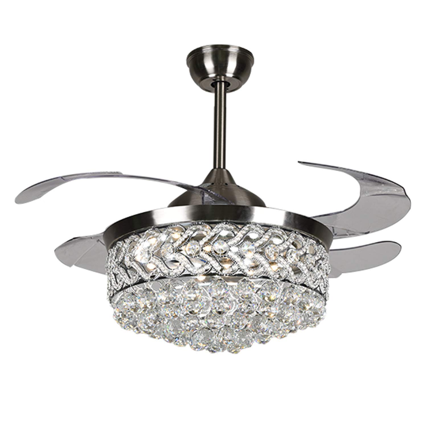 42 Inch Modern Silver LED Ceiling Fan Chandelier with Crystal, Remote Control & Dimmable Lights - Silent Retractable Invisible Fan for Dining Room, Living Room & Bedroom