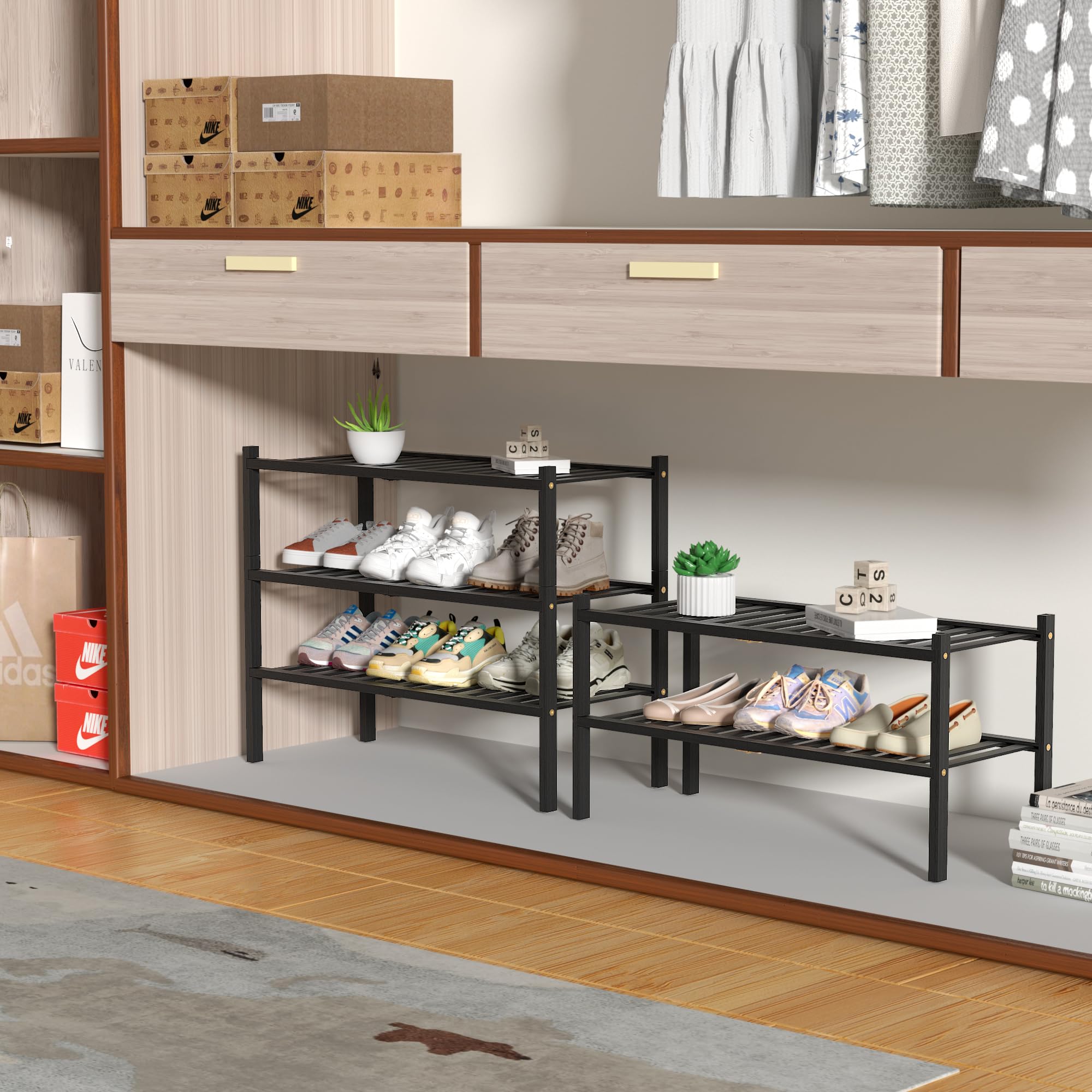 3-Tier Bamboo Shoe Rack Organizer - Free Standing Wooden Shoe Shelf for Closet, Entryway & Small Spaces - Stackable Storage (27