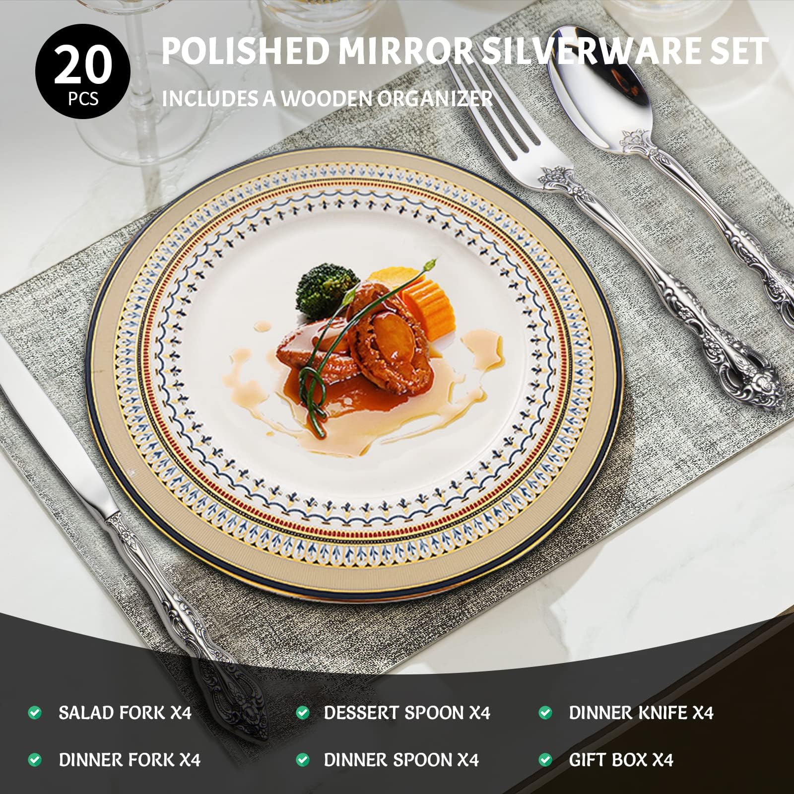 Michelangelo 20-Piece Stainless Steel Flatware Set for 4 - 18/10 Elegant Silverware Cutlery Set, Dishwasher Safe (Silver) - Perfect for Dinner Parties, Weddings & Everyday Dining