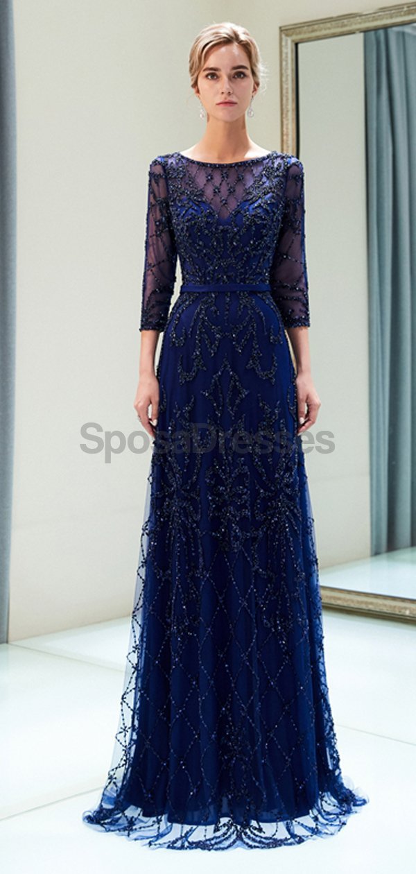Elegant Navy Long Sleeve Lace Beaded Prom Dress for Evening Party & Formal Events - Perfect for Homecoming, Ball Gowns & Special Occasions - Style 12052