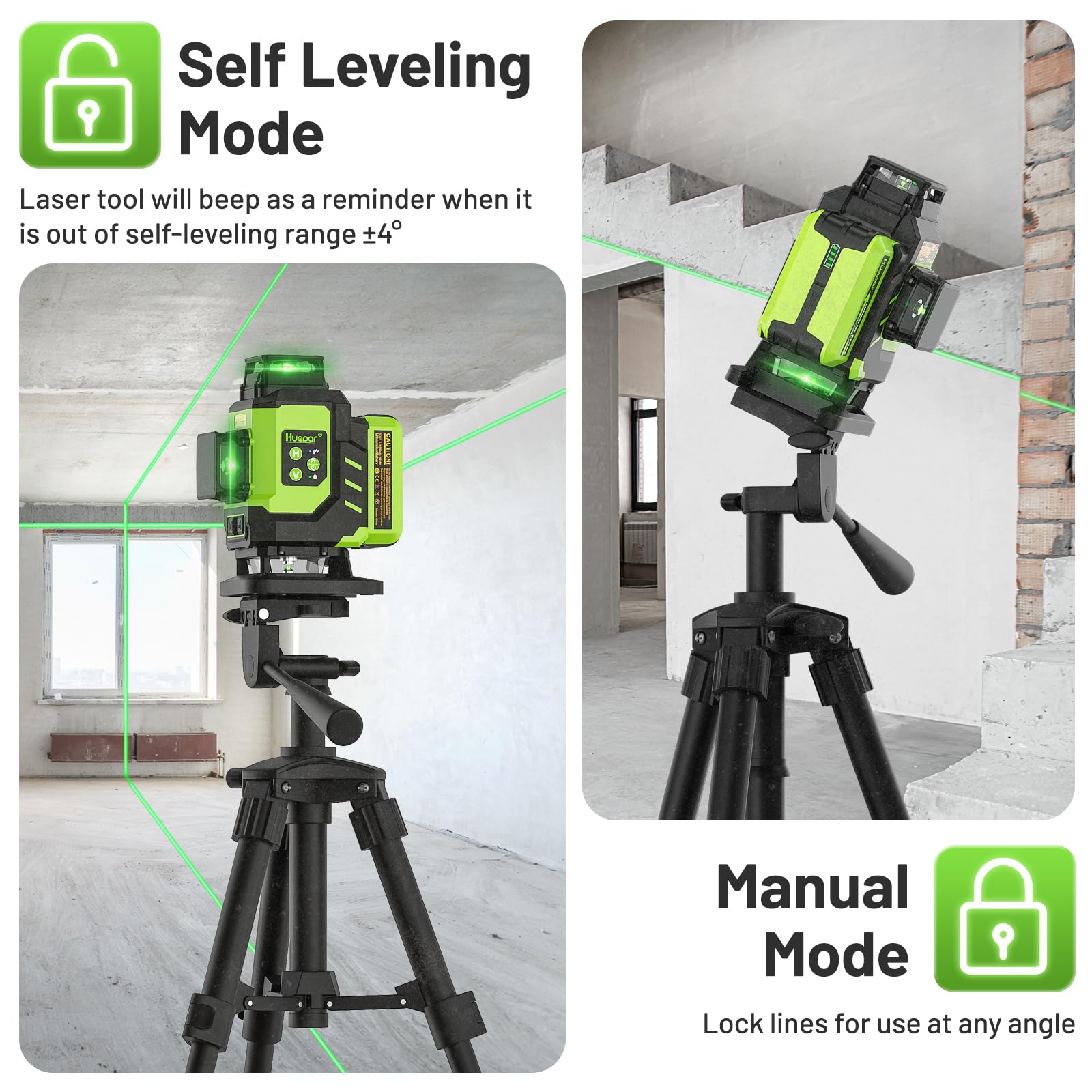 Huepar 4D Self-Leveling Green Beam Laser Level - 16 Lines Cross Line Tiling Tool with 2x360° Horizontal & Vertical Lasers, 2 Li-ion Batteries & Hard Case - Perfect for Flooring, Construction, and DIY Projects - LS04CG