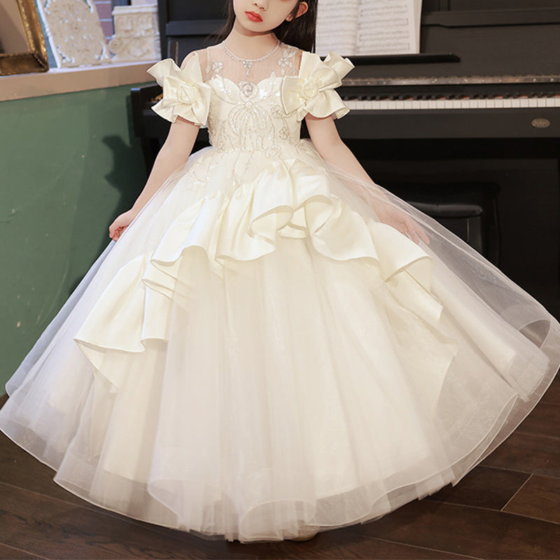 First Communion Dress for Girls - Elegant White Puffy Princess Party Dress with Floral Print | Perfect for Church Ceremonies, Birthday Parties & Special Occasions