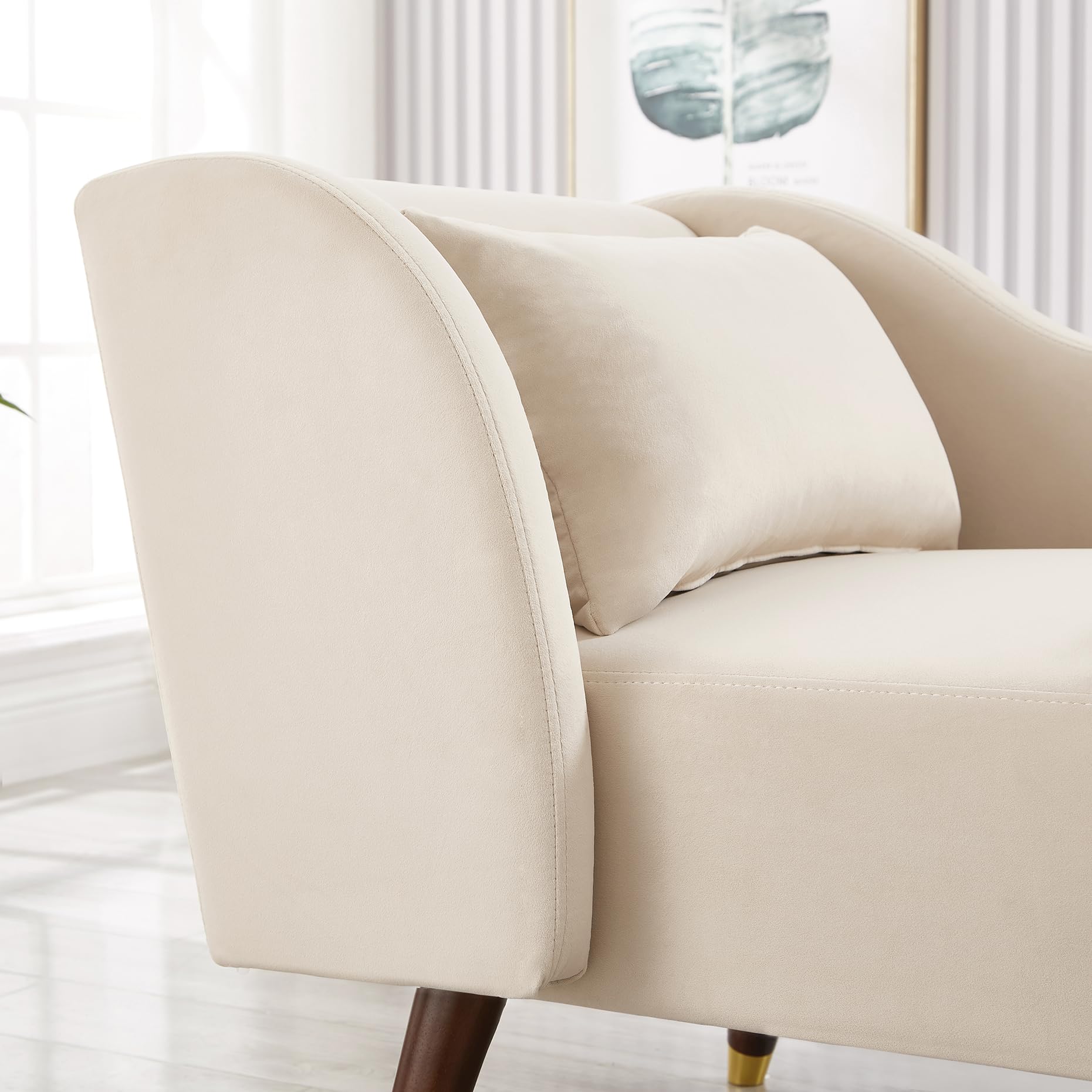 Velvet Upholstered Chaise Lounge Chair with Pillow - Solid Wood Legs Modern Indoor Lounge Chair for Living Room, Bedroom & Office - Beige - Perfect for Relaxing, Reading & Home Decor