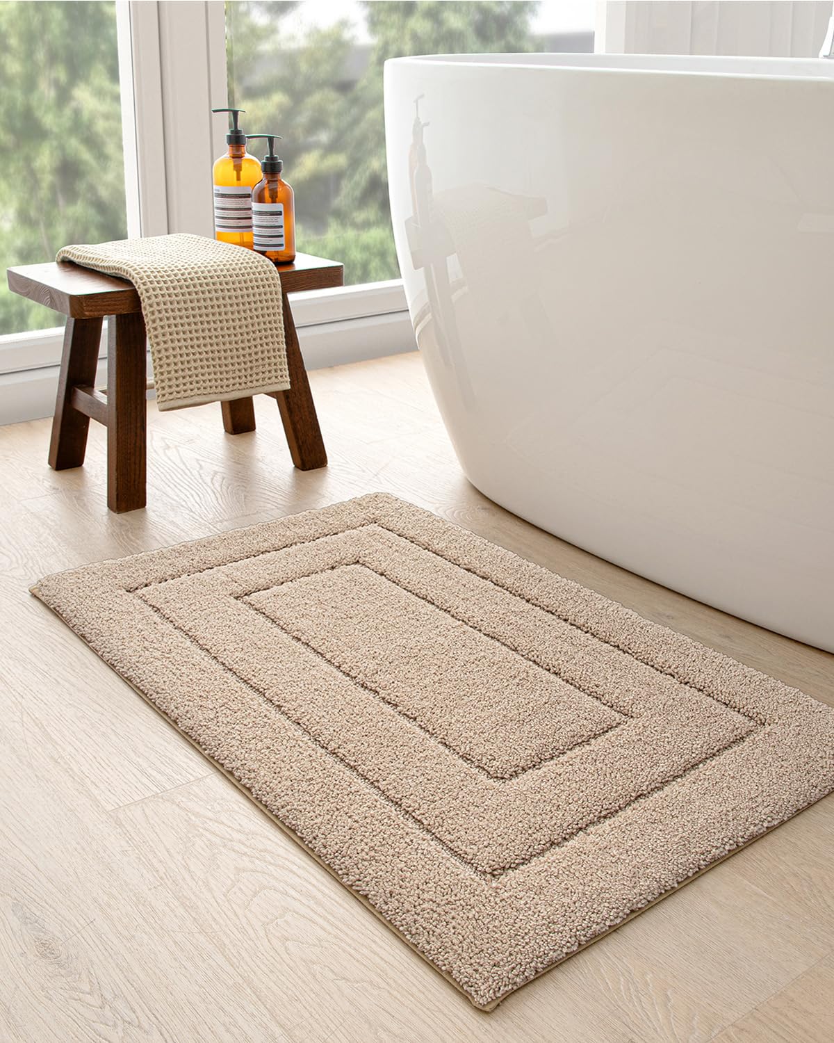 DEXI Non-Slip Bathroom Rug 36x24 Inch, Super Absorbent Quick-Dry Microfiber Shower Mat with Rubber Backing - Machine Washable Bath Carpet for Bathroom Floor Safety & Comfort (Beige) - Perfect for Bathroom, Shower, and Vanity Areas