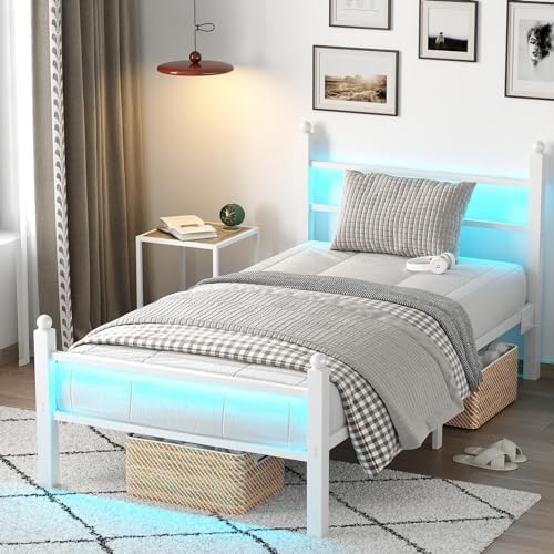 Twin Size LED Bed Frame with USB Charging Station & Under Bed Storage - Heavy Duty Steel Slats, Easy Assembly Metal Platform Bed for Teen Room, Dorm, Guest Bedroom