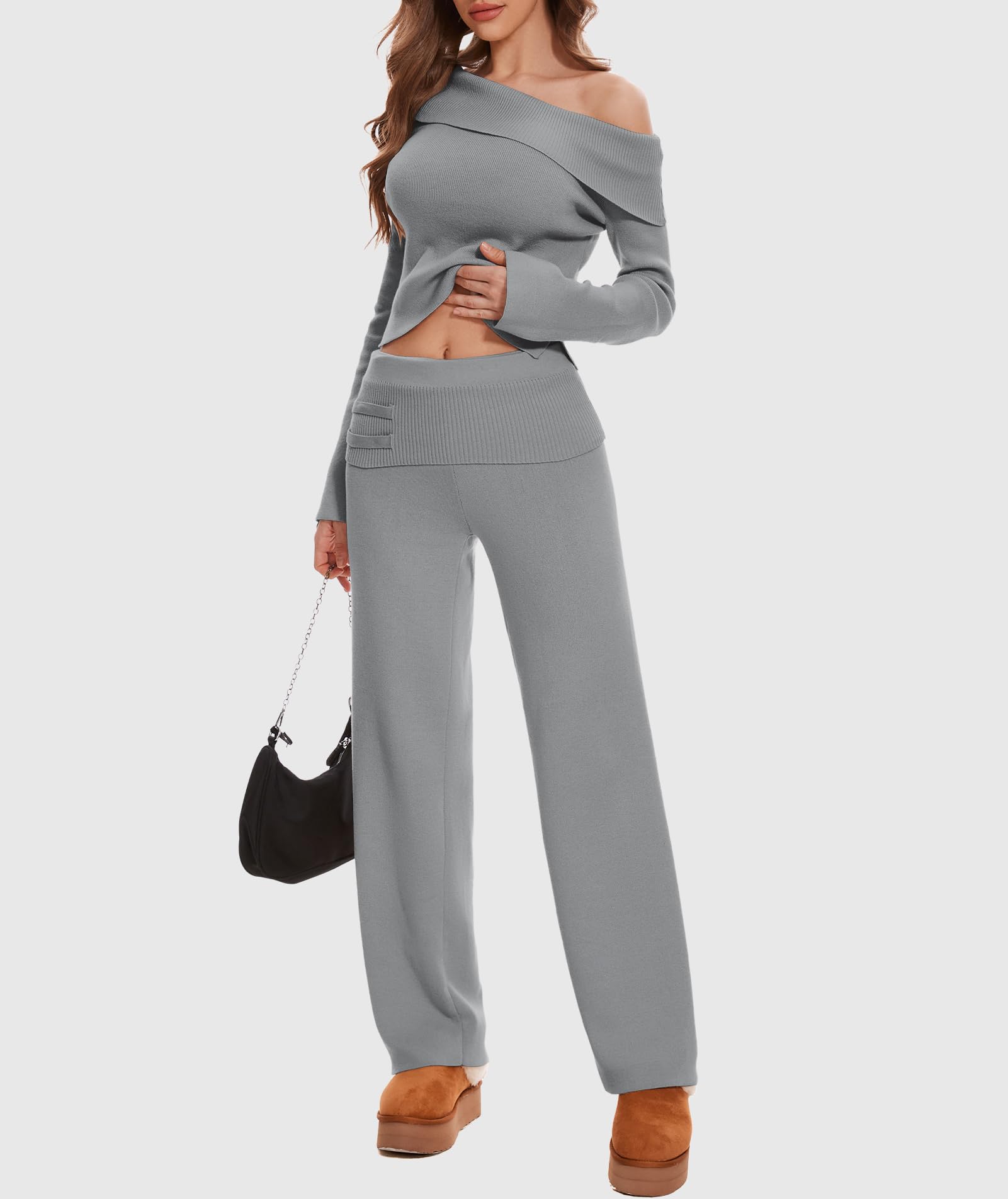 Women's 2-Piece Lounge Set - Off Shoulder Cropped Sweater & Wide Leg Pants Knit Outfit | Y2K Casual Wear for Home, Travel & Street Fashion