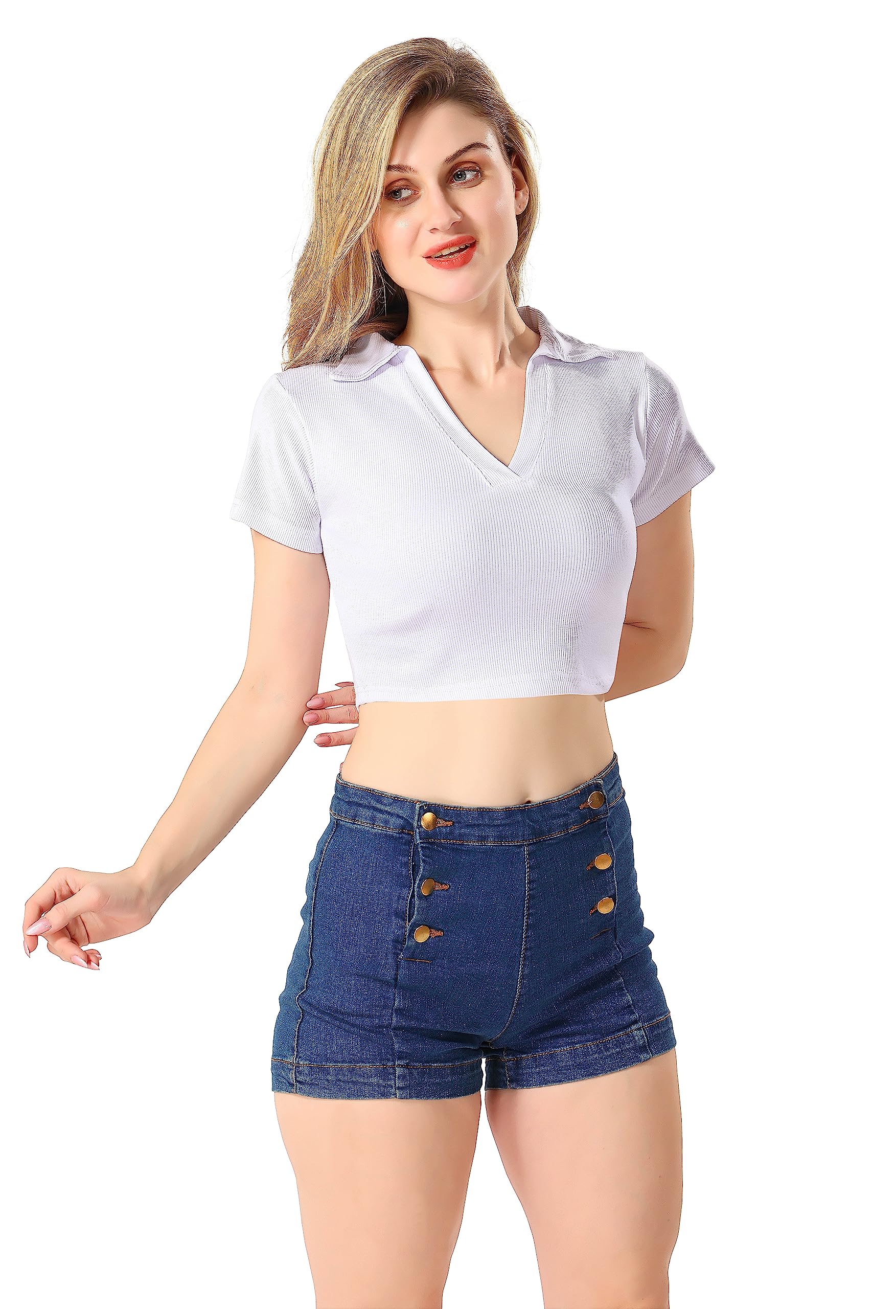 TRASA Women's Sleeve Rib Knit Cotton Racerback Polo V-Neck Crop Tank Top - XS, S, M, L, XL - Casual Summer Wear, Layering Essential, Gym & Yoga Outfit