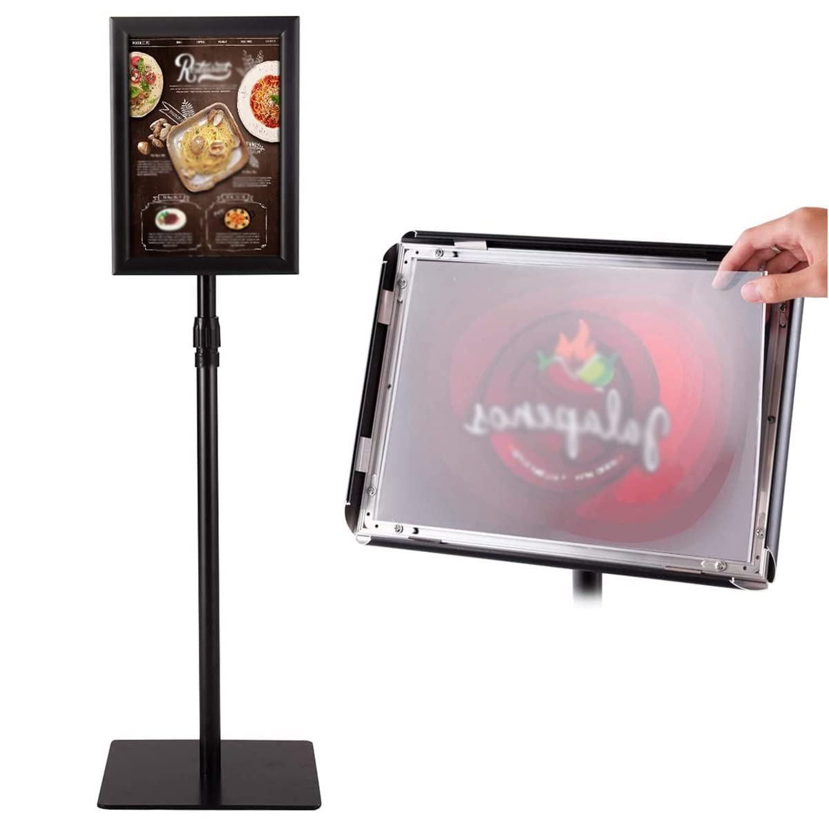Black Metal A4 Floor Sign Holder - Adjustable Pedestal Poster Stand for Advertising, Menu Display & Retail Signage - Free Standing Landscape Sign Rack with Flat Base - Perfect for Restaurants, Stores & Trade Shows
