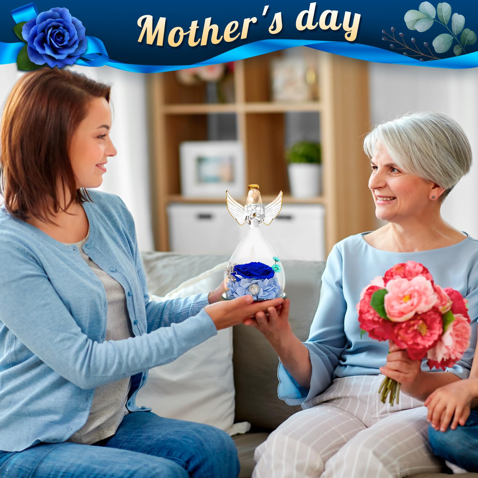 Eternal Glass Angel Rose Gift for Mom - Preserved Blue Rose in Angel Figurine - Perfect Mother's Day Present from Daughter or Son - Unique Keepsake for Grandma, Wife & Special Women - Home Decor, Wedding Anniversary & Birthday Gift Idea