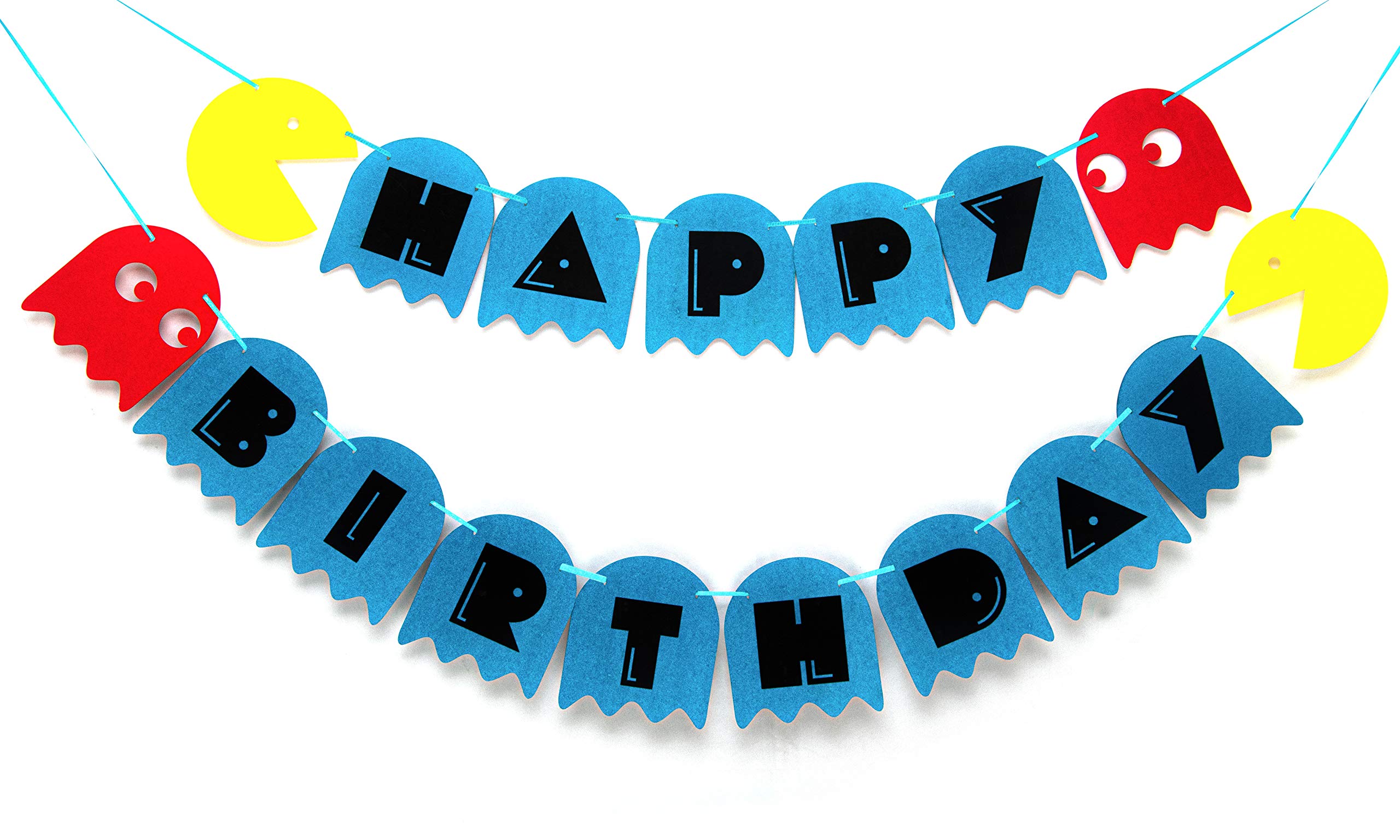 Pacman Ghost Happy Birthday Banner - Colorful Party Decorations for Birthday Celebrations, Baby Showers & Game Themed Events