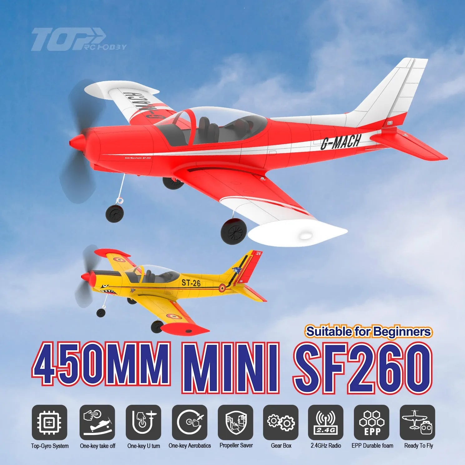 TOP RC HOBBY SF260 Mini Airplane - 450MM Wingspan, 6-Axis Gyro, One-Key Takeoff - Perfect for Beginners & Outdoor RC Flying Enthusiasts