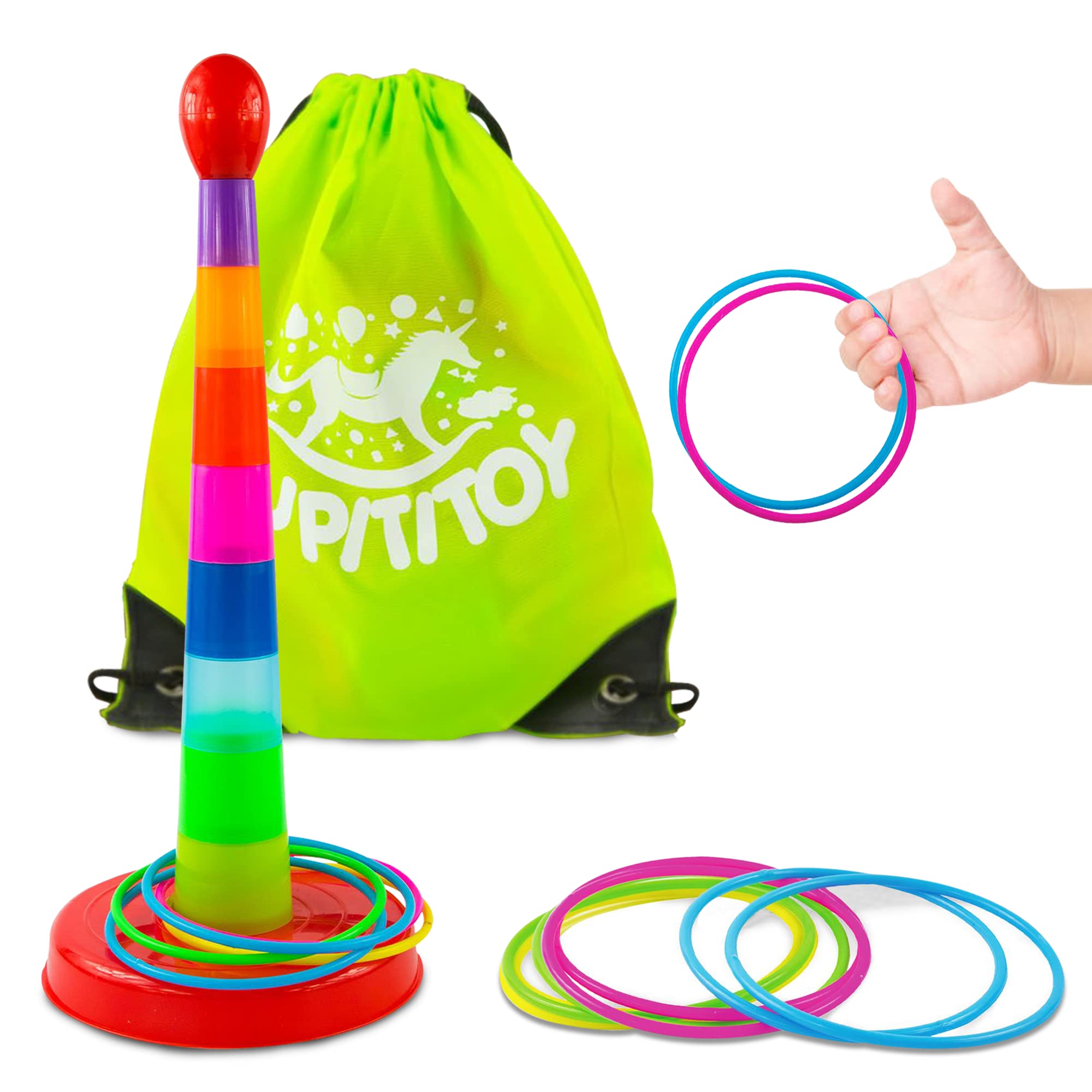 Colorful Cone Ring Toss Game Set for Kids - 8 Throwing Rings & Portable Travel Bag Included - Durable Plastic Outdoor & Indoor Tossing Activity - Perfect for Backyard Parties, Beach Games, and Family Fun