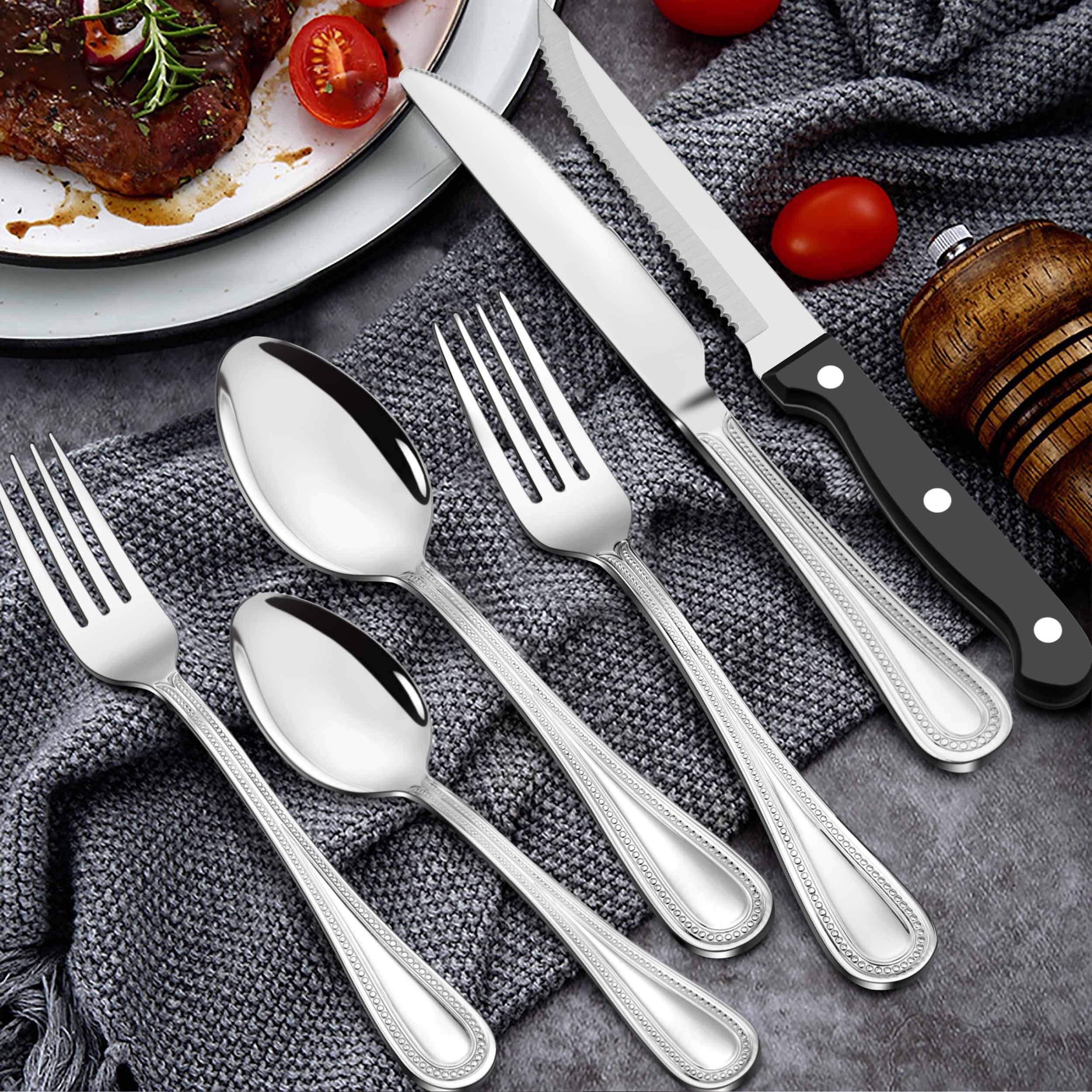 36-Piece Stainless Steel Silverware Set with Steak Knives for 6 - Elegant Beaded Edge Flatware Cutlery Set for Kitchen, Restaurant & Hotel Use - Dishwasher Safe Dining Utensils for Everyday Meals, Dinner Parties and Special Occasions