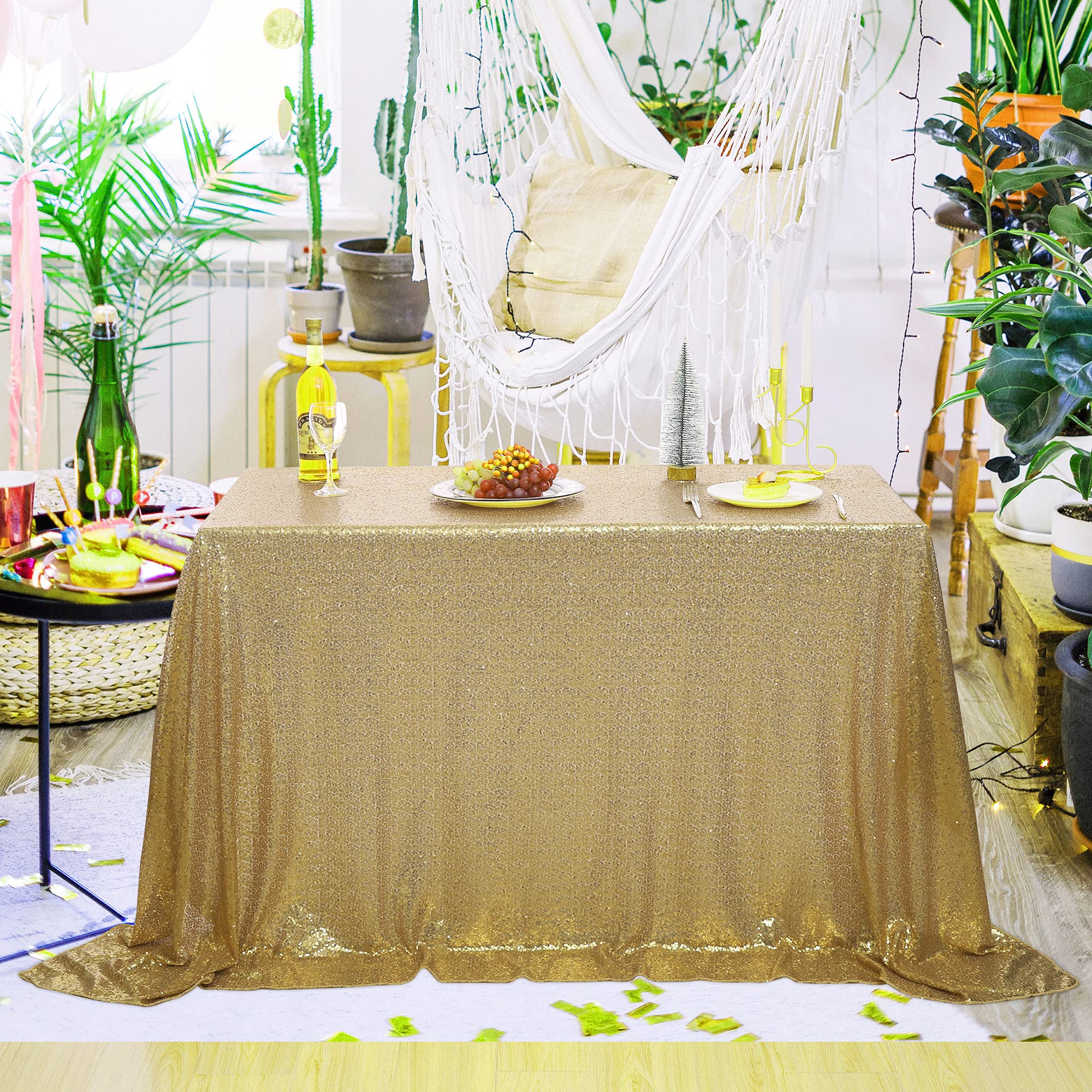 Light Gold Sequin Tablecloth - Glitter Sparkly Iridescent Shimmer Rectangle Table Cover 60x102 Inches - Elegant Wedding, Birthday Party, Anniversary & Holiday Table Decor - Perfect for Banquet, Reception, Bridal Shower & Special Event Decorations