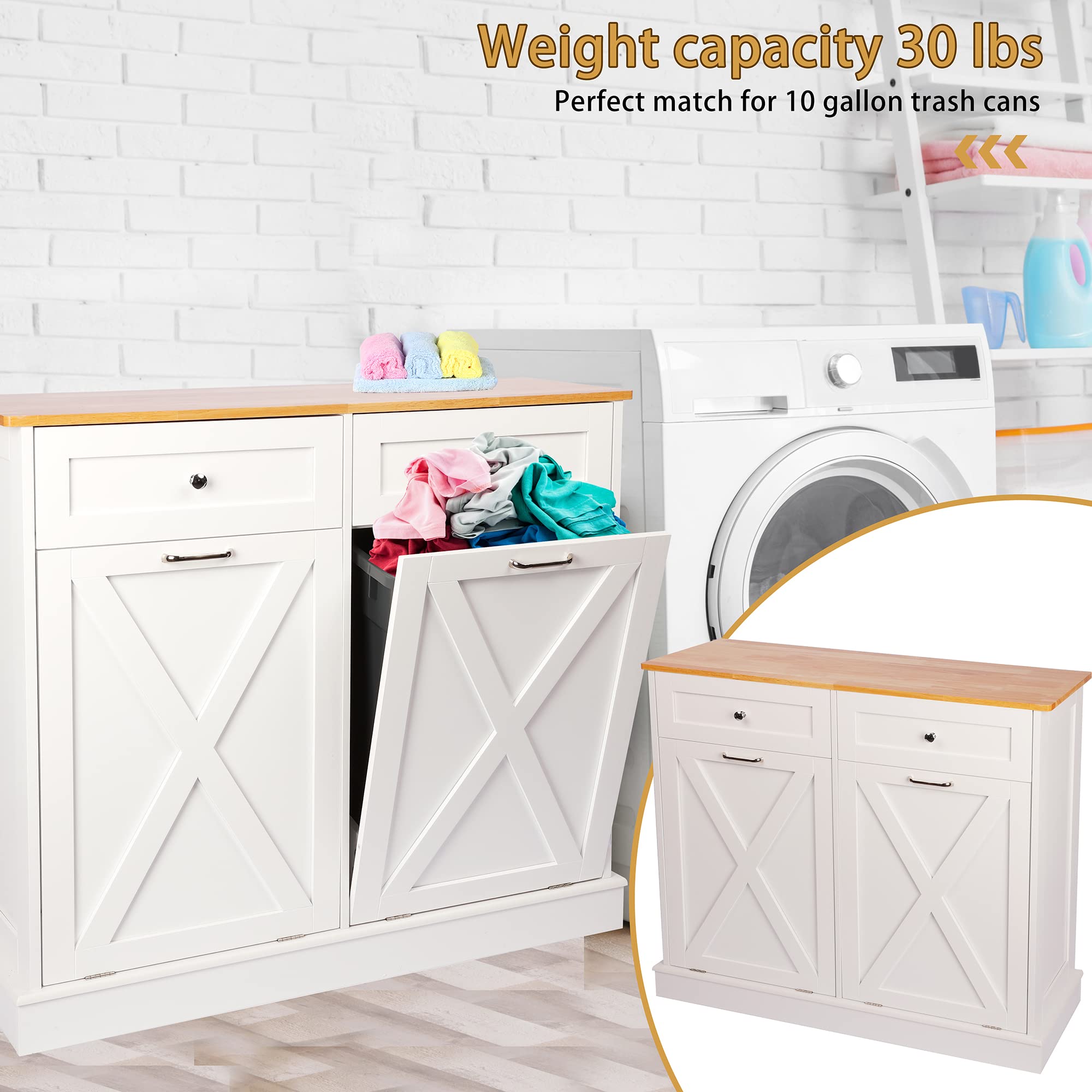 Farmhouse Style Kitchen Trash Cabinet - Solid Wood Double Tilt Out Trash Can with Barn Door | Pet Proof & Odor Blocking Laundry Storage | Perfect for Modern Farmhouse, Rustic Kitchens & Mudroom Organization
