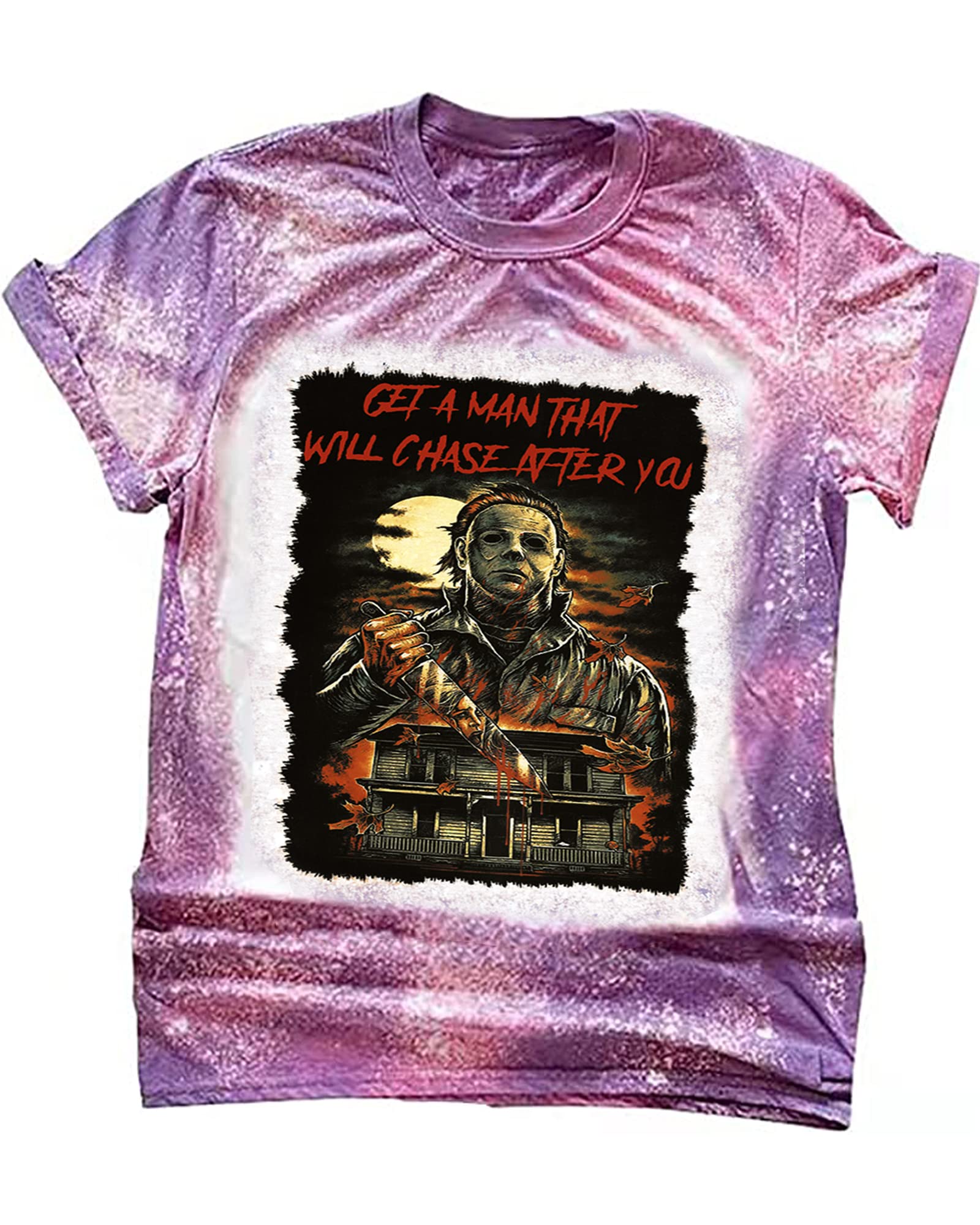 Halloween Horror Movie Graphic Tee - Michael Myers & Jason Bleached Shirt for Women | Scary Movie Fan Apparel for Halloween Parties & Cosplay