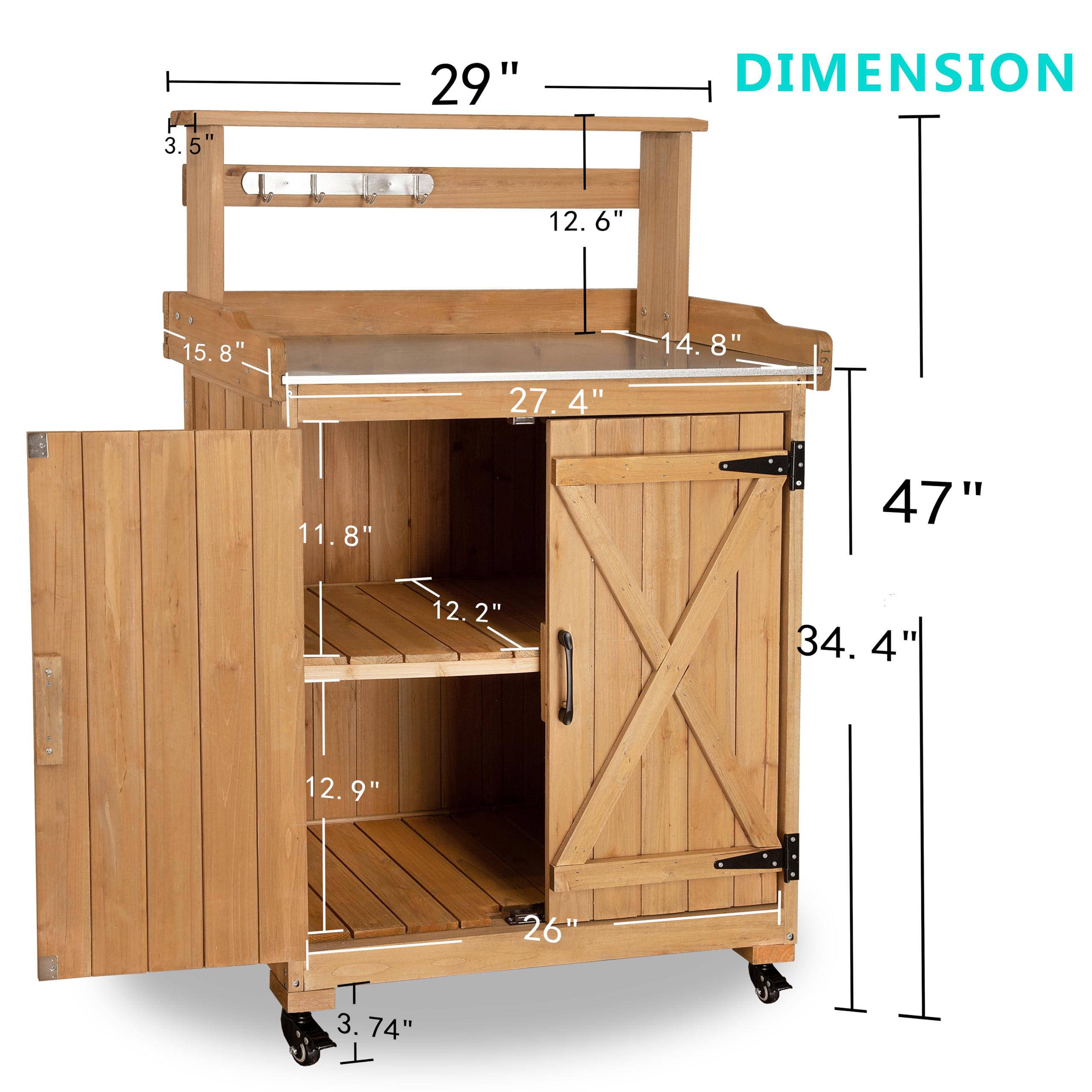 Outdoor Potting Bench with Storage - Weatherproof Garden Work Table with Metal Top & Wheels - Perfect for Planting, Gardening & Outdoor Organizing