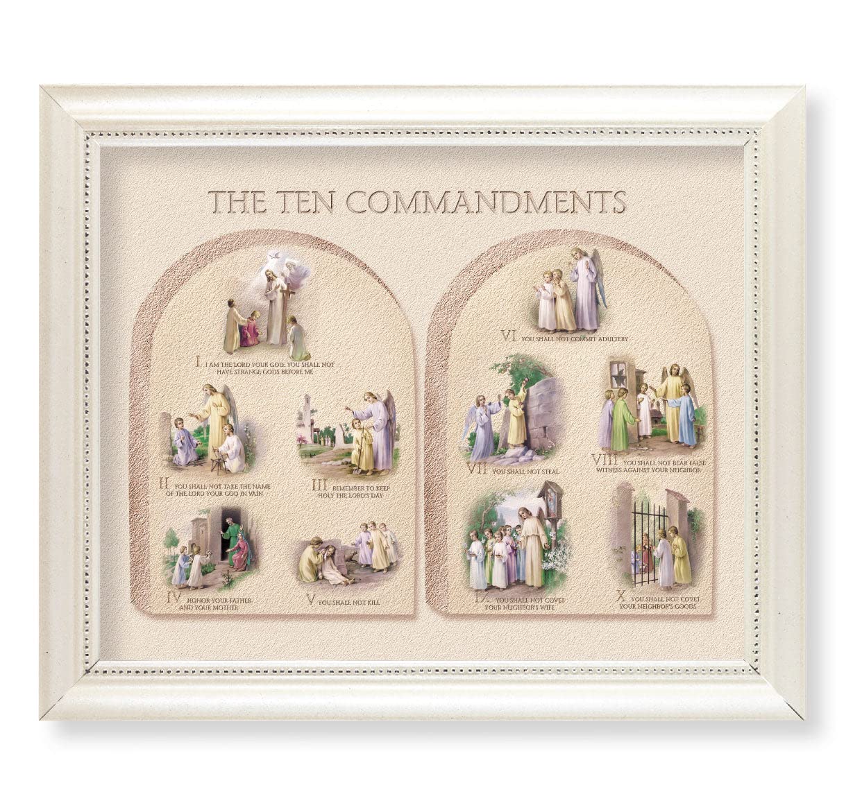 Ten Commandments Framed Wall Art - Large Pearlized White Fluted Frame with Beaded Edge | Religious Home Decor, Church Display, Gift for Christian Families