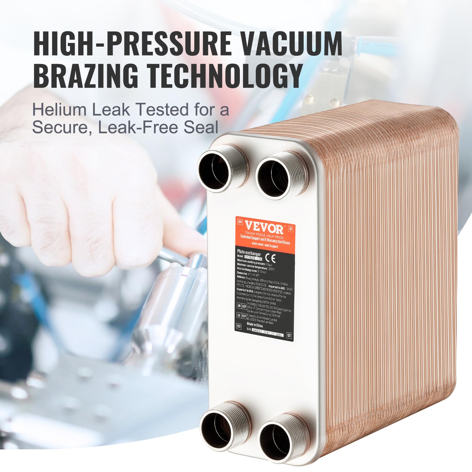 VEVOR 100 Plate Stainless Steel & Copper Heat Exchanger - High Efficiency Plate Heat Exchanger for HVAC, Industrial & Marine Applications - Perfect for Heating, Cooling & Heat Recovery Systems