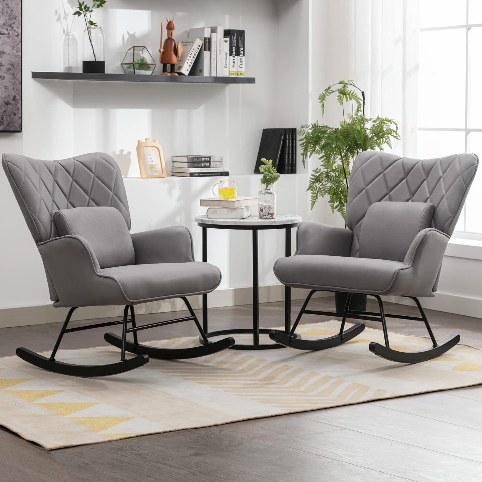 Modern Rocking Chair with Lumbar Support & Ottoman - Nursery Glider Chair for Baby Room, Living Room or Bedroom - Soft Gray Fabric - Perfect for Nursing, Relaxing & Reading