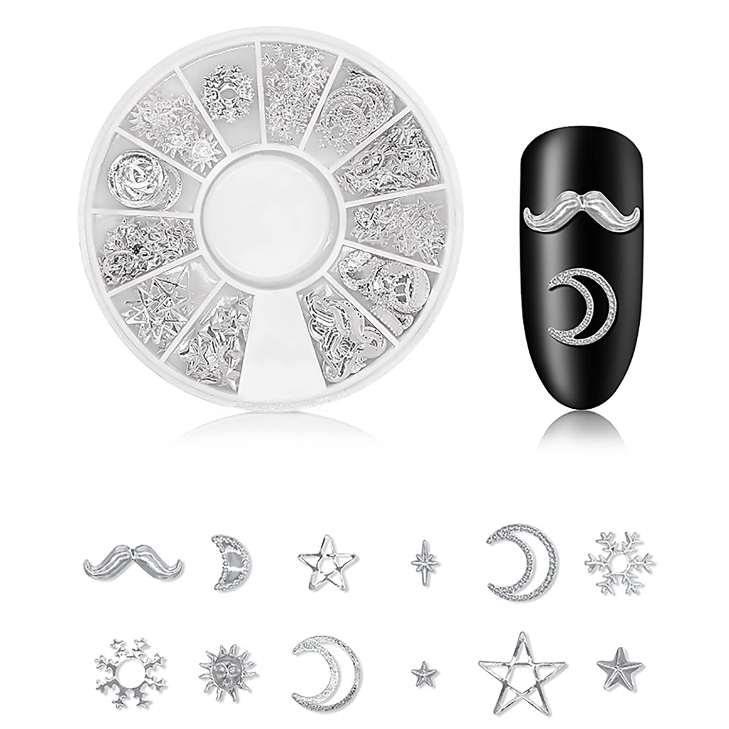 DANNEASY 3D Nail Charms - Silver Metal Nail Art Studs & Jewelry for Acrylic Nails, DIY Nail Decoration Kit (6 Boxes) - Perfect for Manicures, Nail Art Designs & Craft Projects