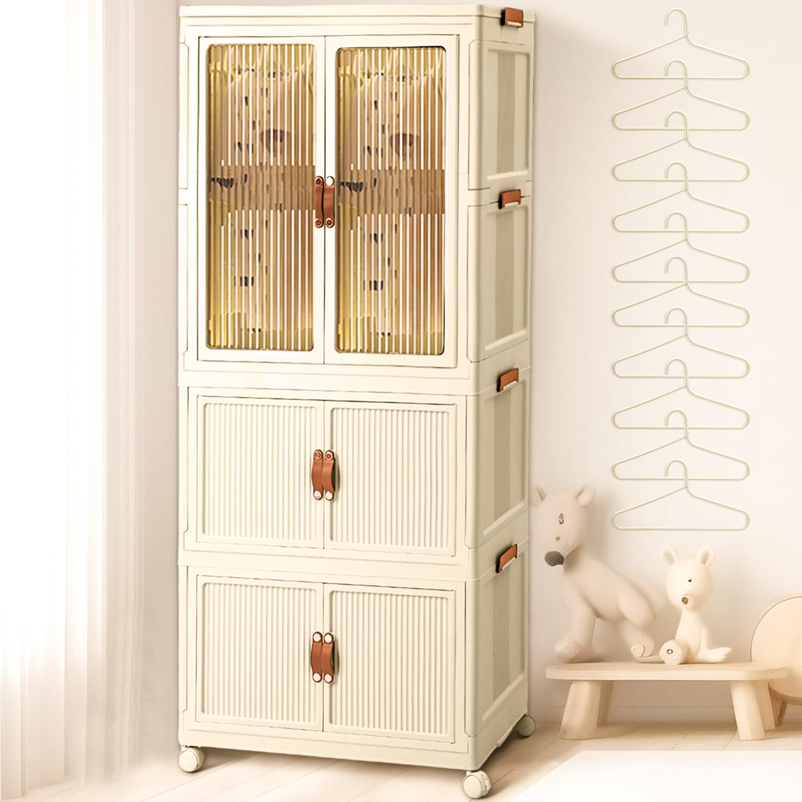 3-Tier Portable Kids Closet with Wheels - Foldable Children Wardrobe & Clothing Storage Cabinet - Includes 10 Hangers & Hanging Rod - Nursery Armoire for Baby Toddler Bedroom - Perfect for Small Spaces, Daycare & Home Organization