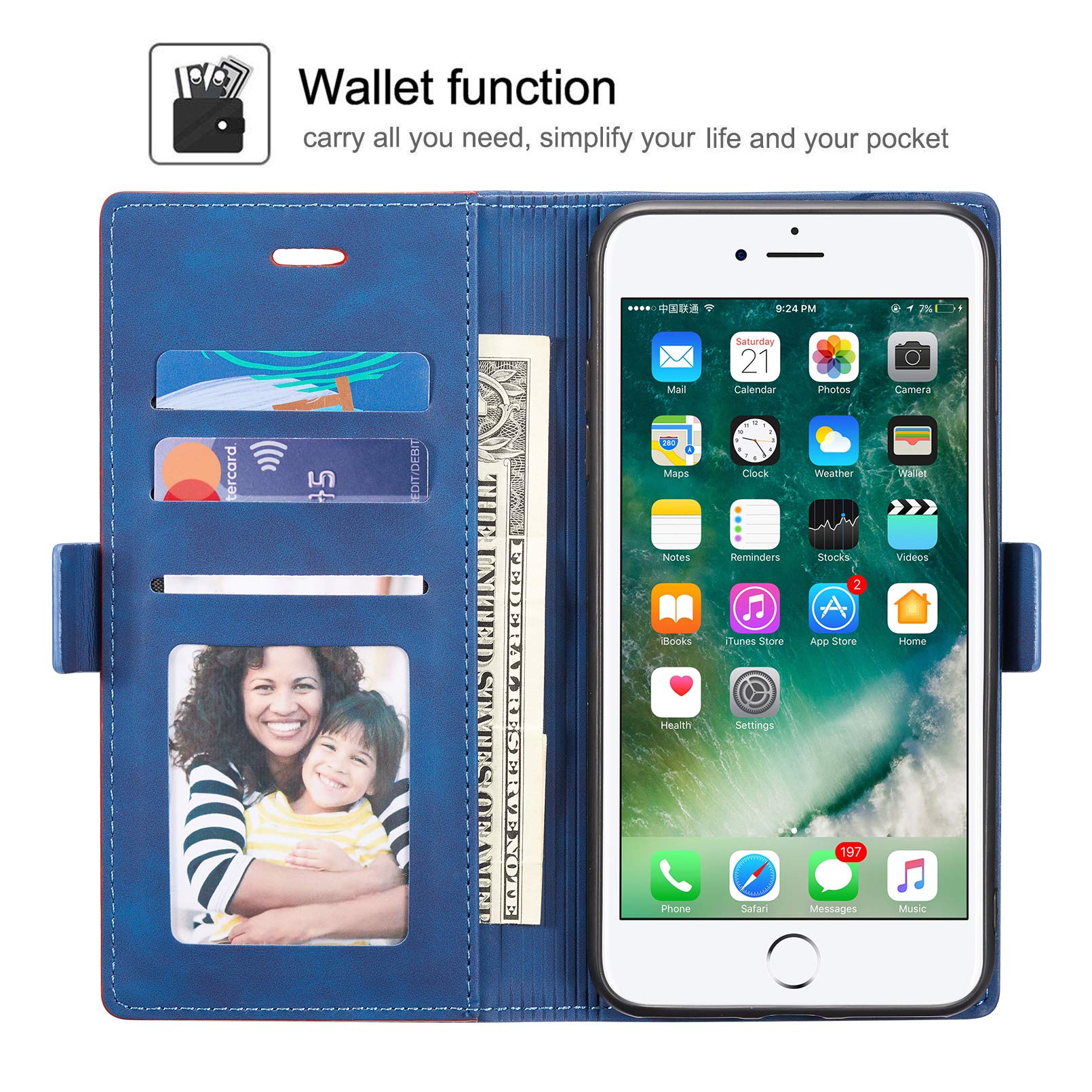 QLTYPRI Premium PU Leather Wallet Case for iPhone SE 2022 5G/SE 2020/8/7 - Slim Shockproof Flip Cover with Card Slots, Kickstand & Magnetic Closure (Blue) | Perfect for Daily Use, Travel & Hands-Free Viewing