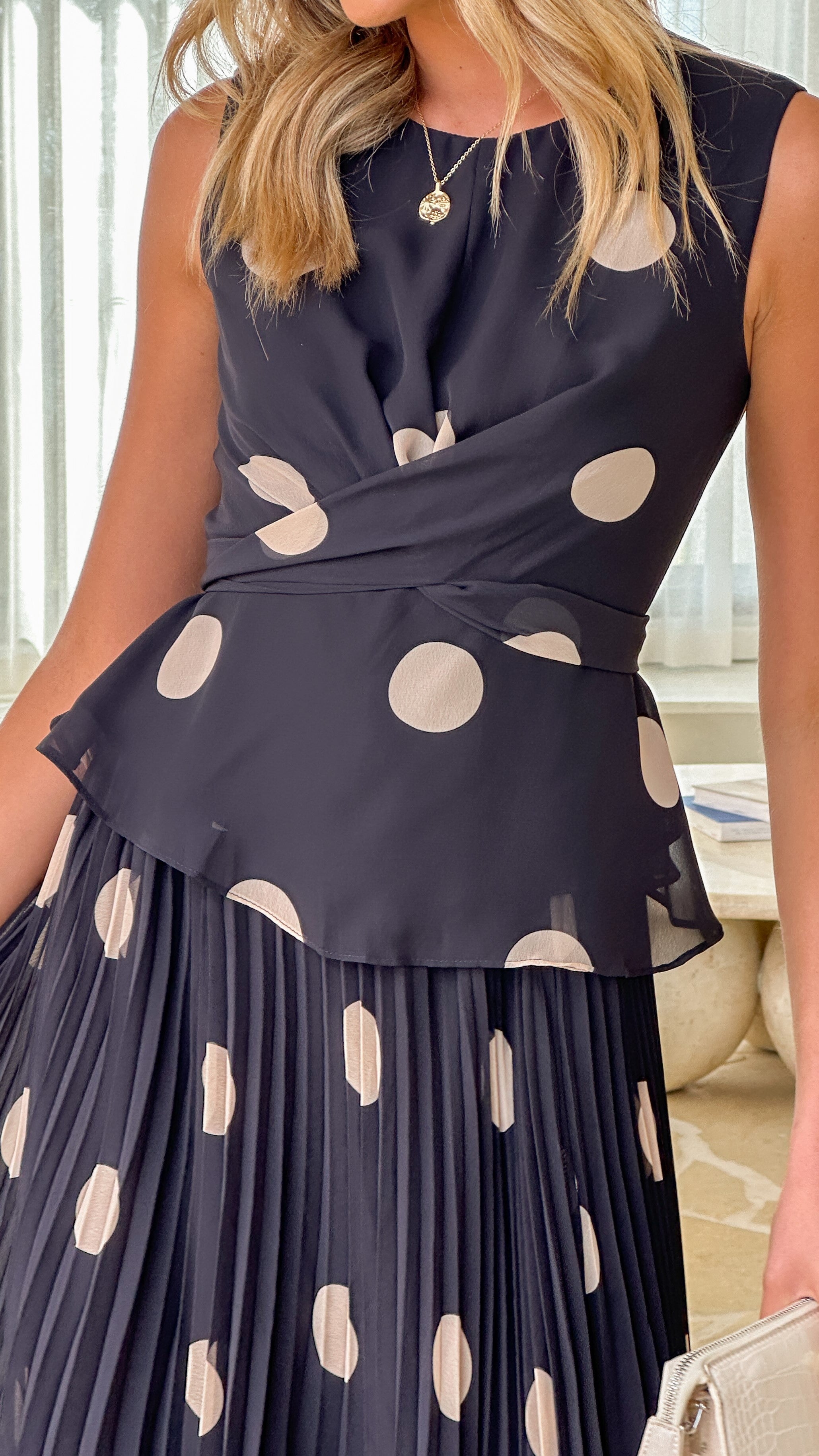 Cambree Peplum Top and Maxi Skirt Set - Black & Beige Polka Dot Outfit for Women | Elegant Two-Piece Dress for Party, Wedding & Special Occasions