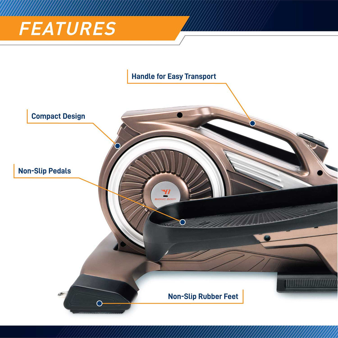 Bionic Body Compact Elliptical Trainer with Resistance Bands - Portable Home Gym Equipment for Full Body Workout | Perfect for Small Spaces, Office & Apartment Fitness