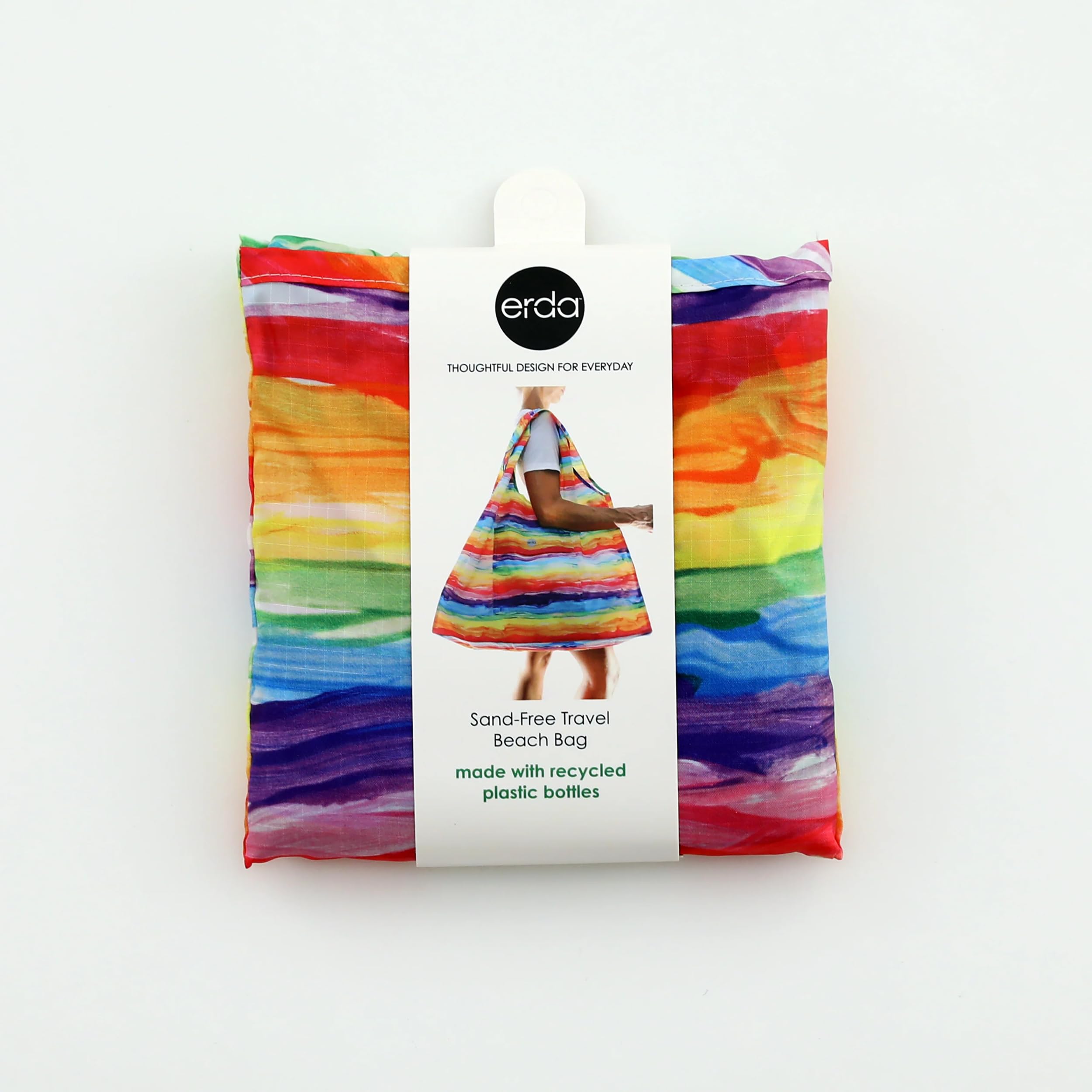Eco-Friendly Sand-Free Beach Bag Made from Recycled Plastic Bottles - Watercolor Rainbow Print for Travel, Swimming, and Outdoor Adventures