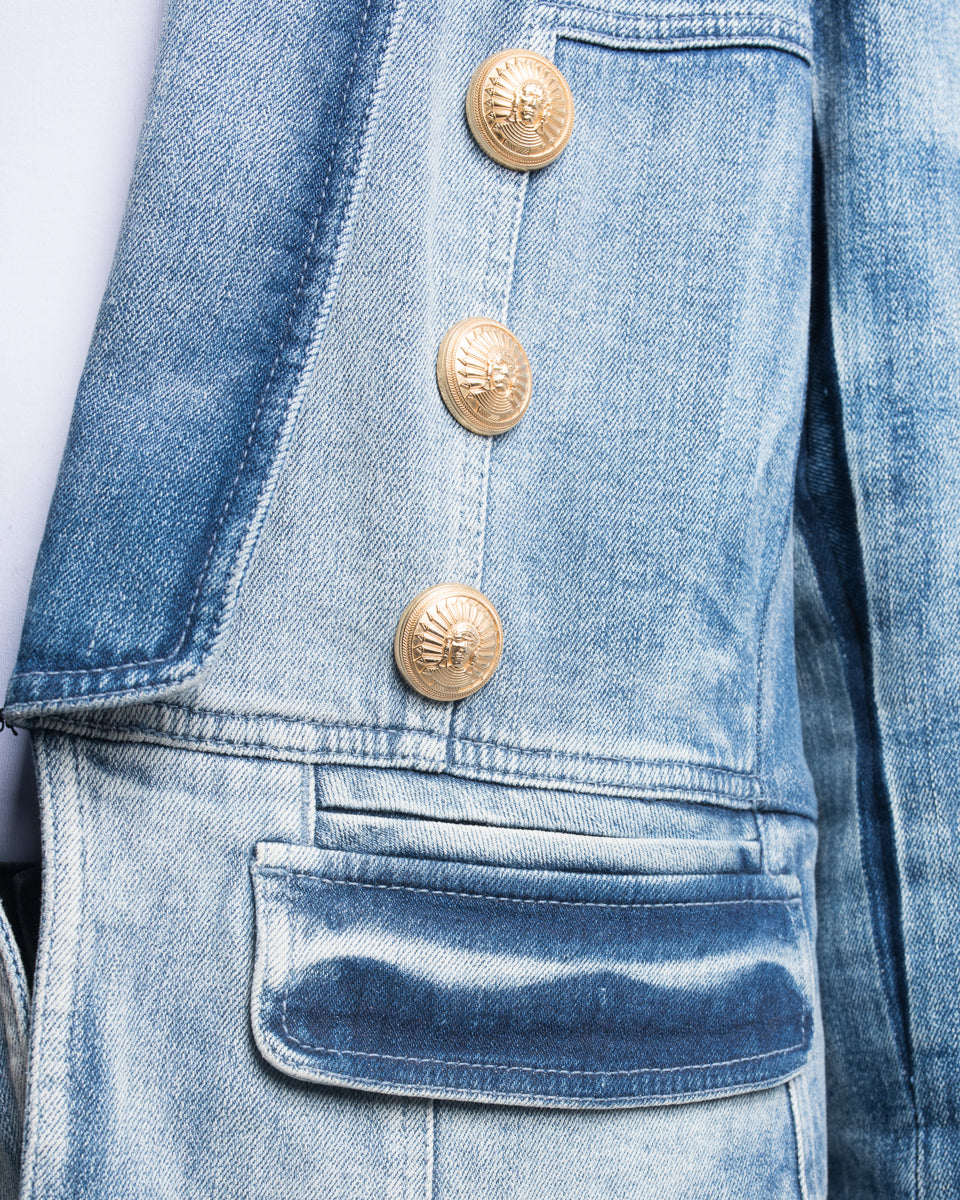 Balmain Women's Denim Jacket with Gold Military Buttons - Size L (12) | Classic Blue Distressed Denim | Perfect for Casual Outings & Night Out