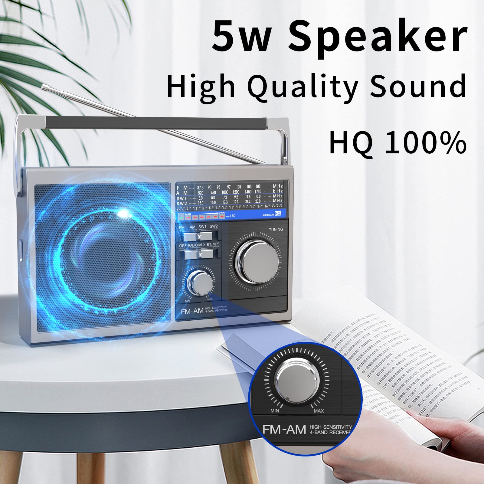 Portable AM FM Shortwave Radio with Bluetooth Speaker - Best Reception, Battery or AC Powered, Earphone Jack, USB/TF/AUX Input - Perfect for Seniors, Travel, Emergency & Outdoor Use (Gray)