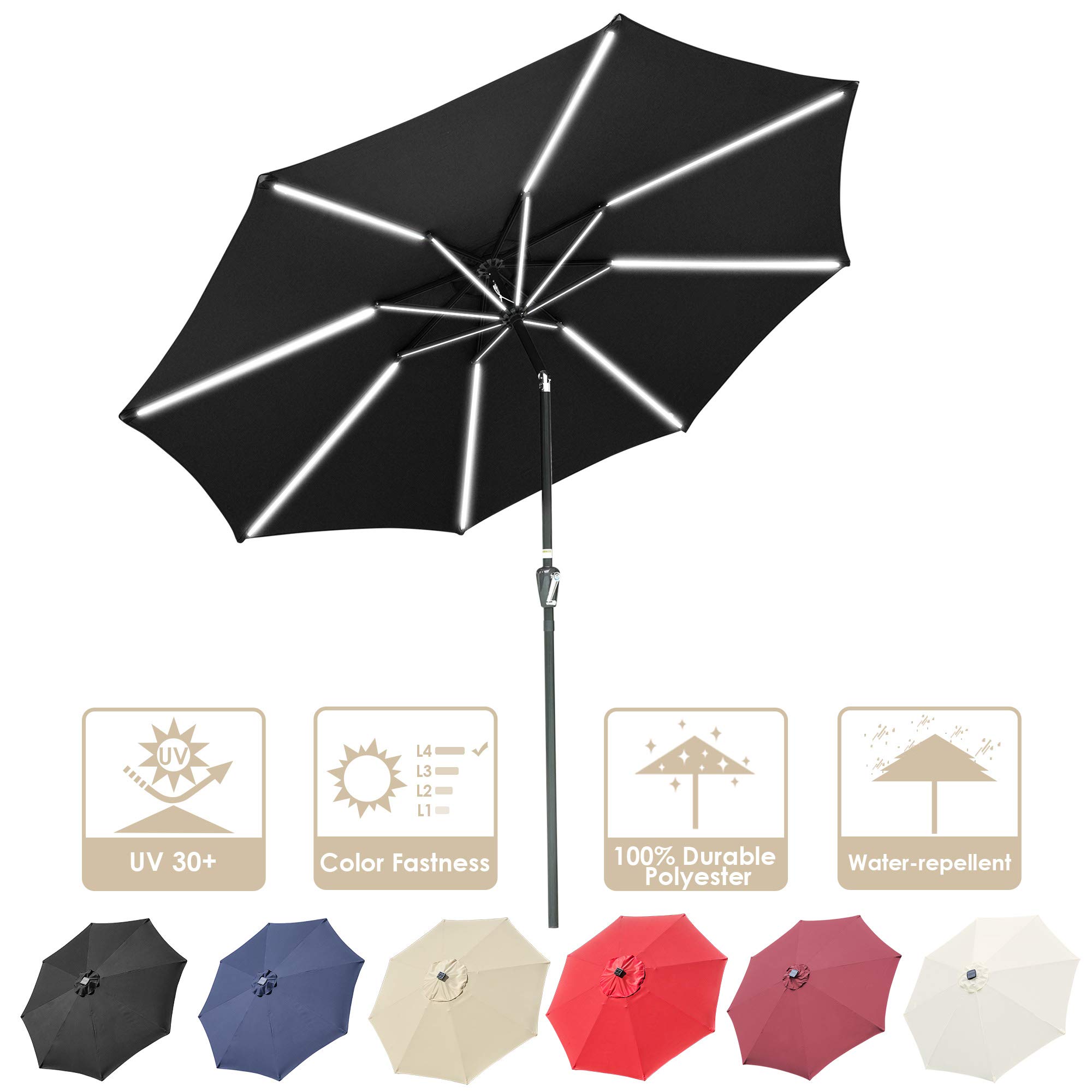 Yescom 10FT Solar Powered LED Light Bar Patio Umbrella with Tilt Crank - Aluminum Market Umbrella for Backyard, Pool Deck, Cafe & Garden - Weatherproof Outdoor Lighting for Nighttime Use
