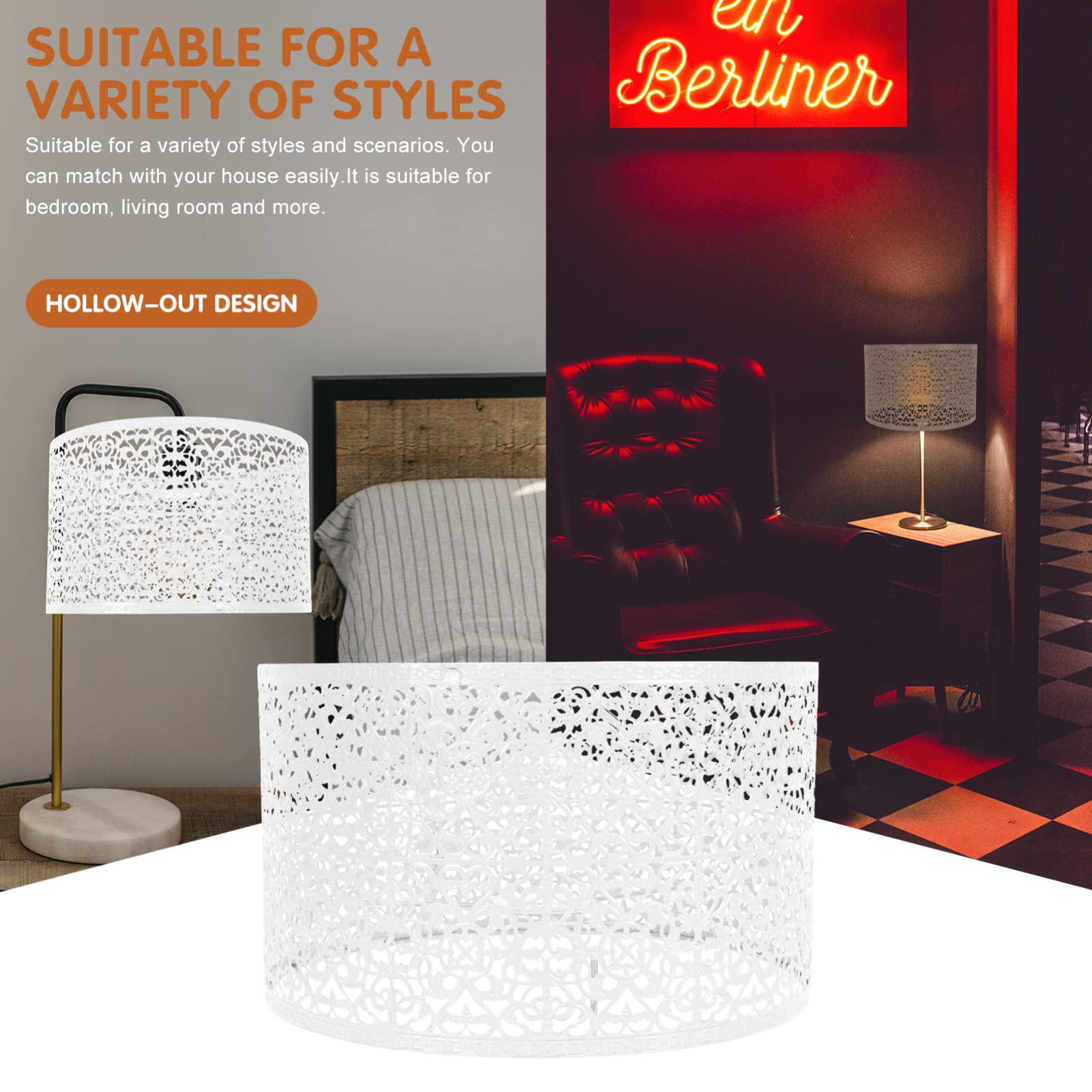 Beaupretty Iron Metal Drum Lamp Shade - Hollow-Out Shadow Light Cover with Clip-On Guard for E27 E14 Bulbs - Replacement for Table, Floor & Wall Lamps - Perfect for Living Room, Bedroom & Office Lighting Decor (White)