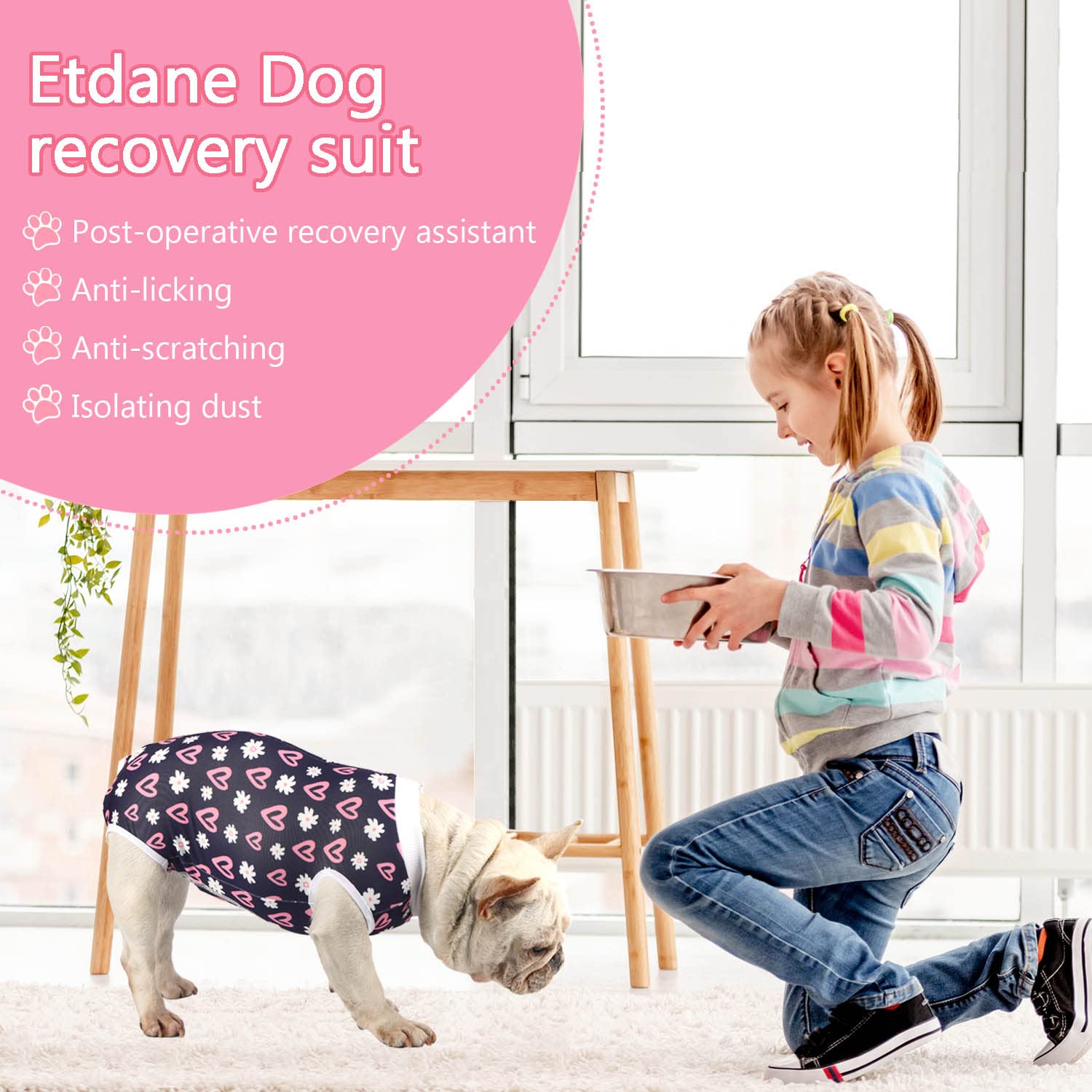 Etdane Dog Recovery Suit for Surgery - Post-Spay/Neuter Onesie with Pee Hole for Small & Medium Dogs (Love/Flower/Large) - Perfect for Post-Op Care & Wound Protection