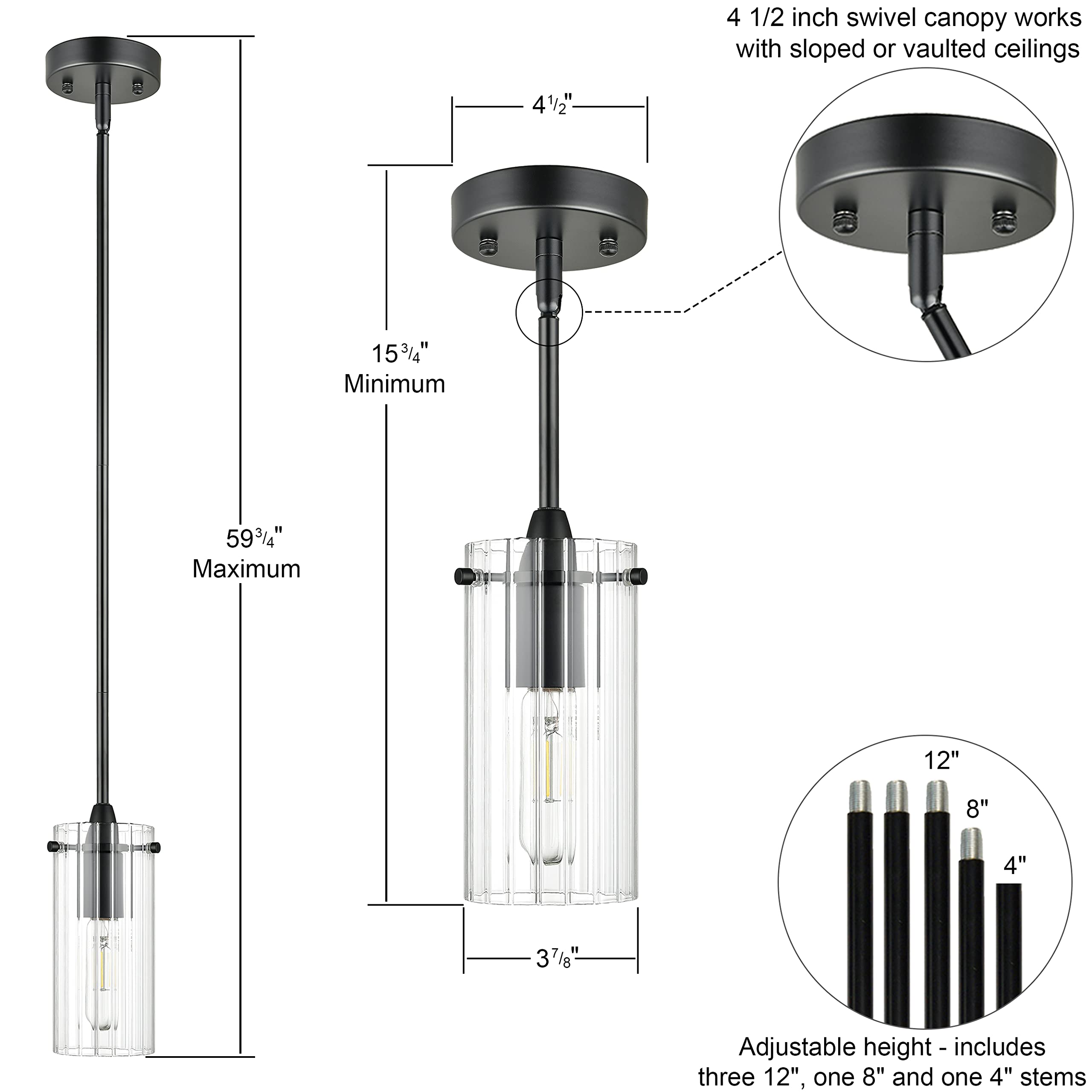 Modern Black Industrial Pendant Light Fixture with Clear Stripe Glass Shade - Kitchen Island Lighting, Sink Lighting, Dining Room Hanging Ceiling Light - Perfect for Farmhouse, Loft & Industrial Style Decor