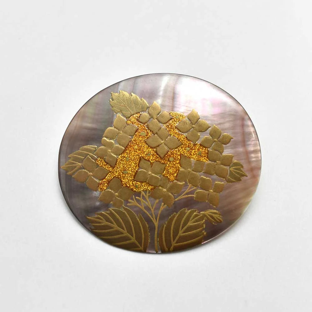 Handcrafted Japanese Maki-e Urushi Lacquer Brooch with Black Lip Oyster Pearl Shell & Hydrangea Design - Traditional Artisan Jewelry for Women, Gift for Special Occasions, Wedding, Tea Ceremony & Cultural Events
