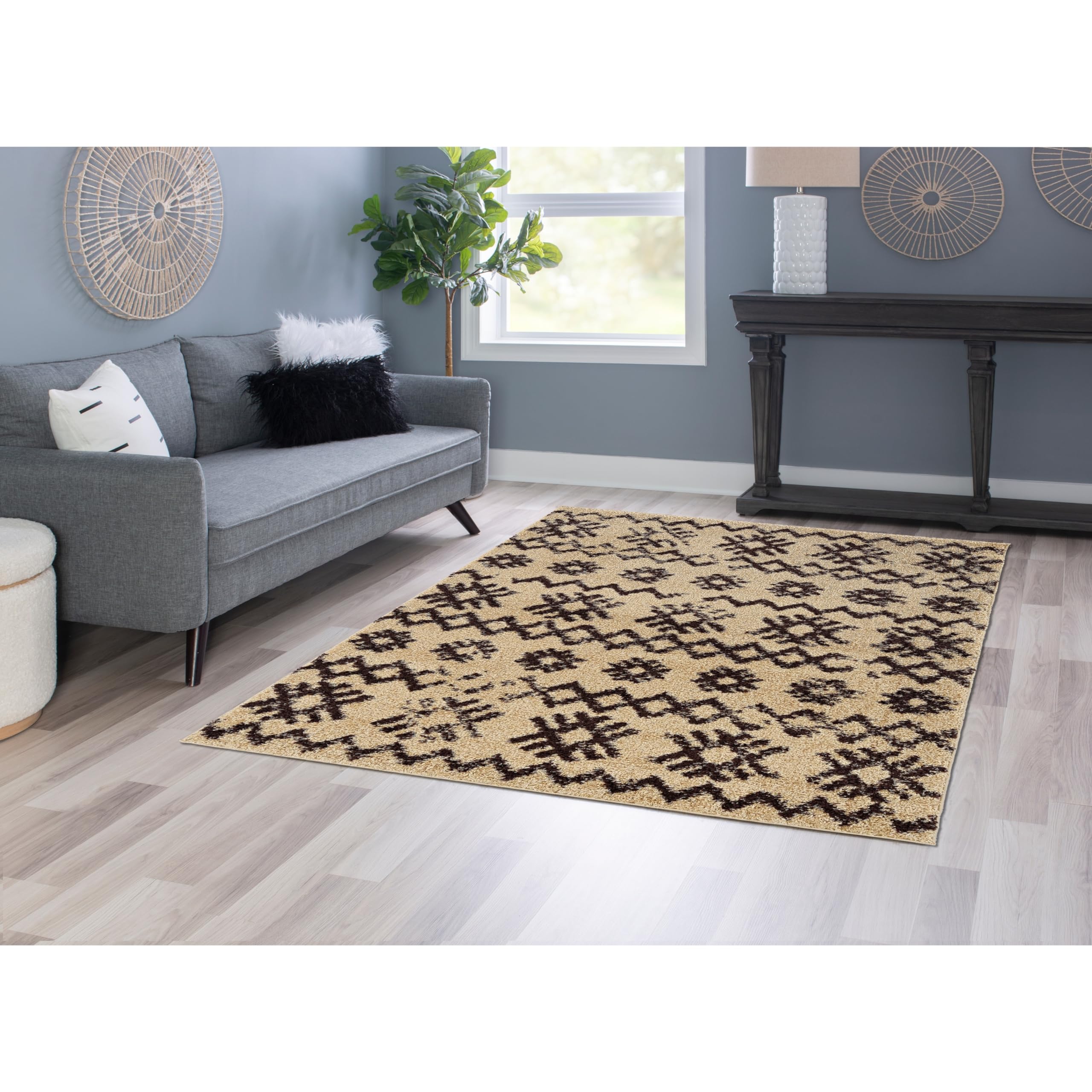 Linon Moroccan Mekenes Rug Ivory/Black 8' x 10' - Handmade Boho Area Rug for Living Room, Bedroom & Home Decor