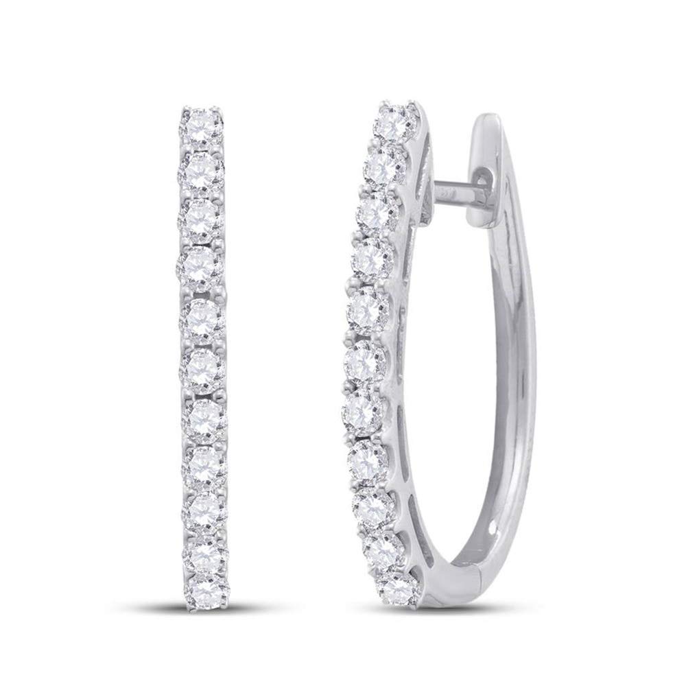 14K White Gold Round Diamond Single Row Hoop Earrings 1 CTTW - Elegant Everyday Jewelry for Women, Perfect for Work, Parties & Special Occasions