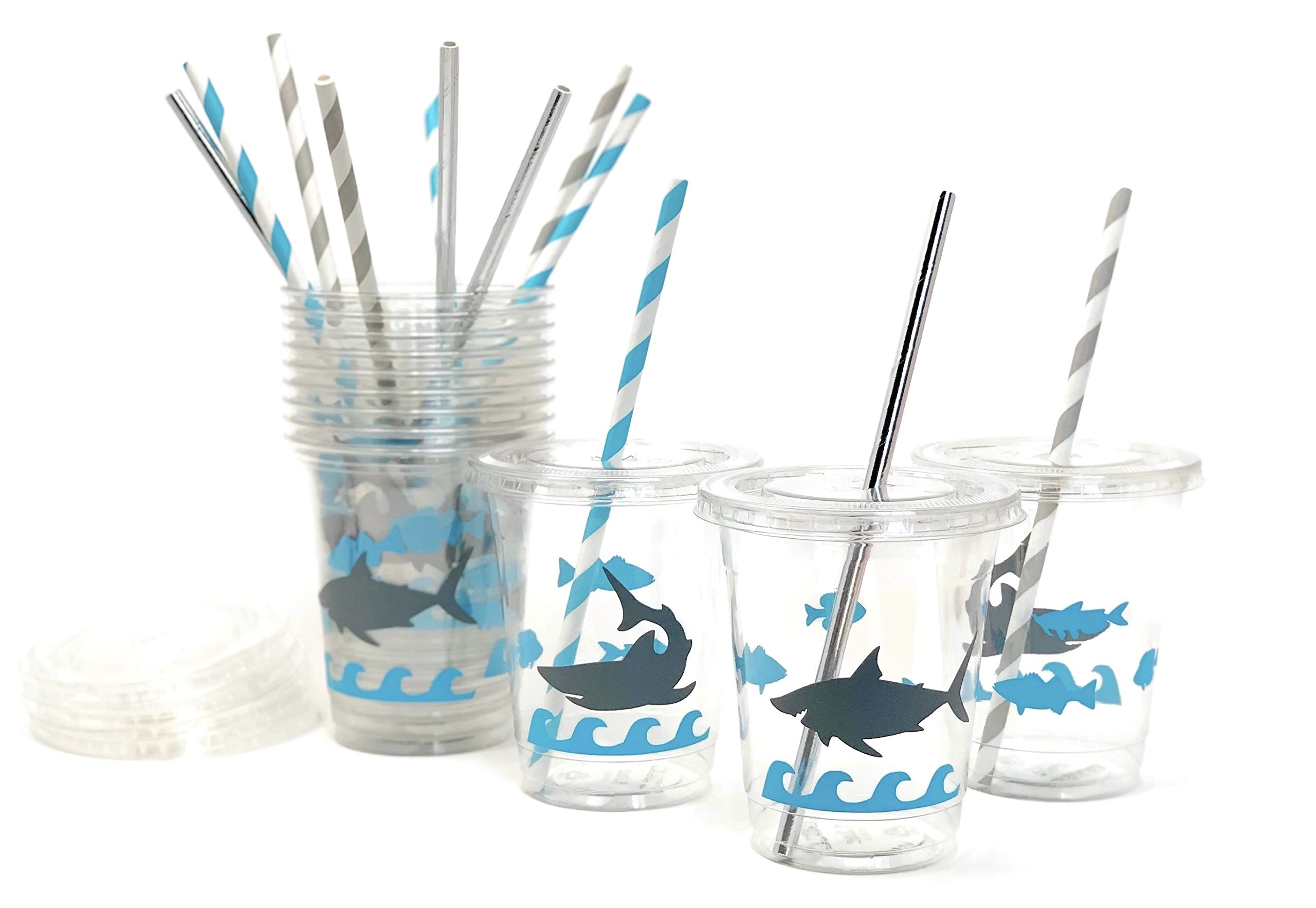 12 Pack Shark Themed Party Cups - Fun Ocean Pool Birthday Party Supplies for Kids, Beach & Pool Party Decorations